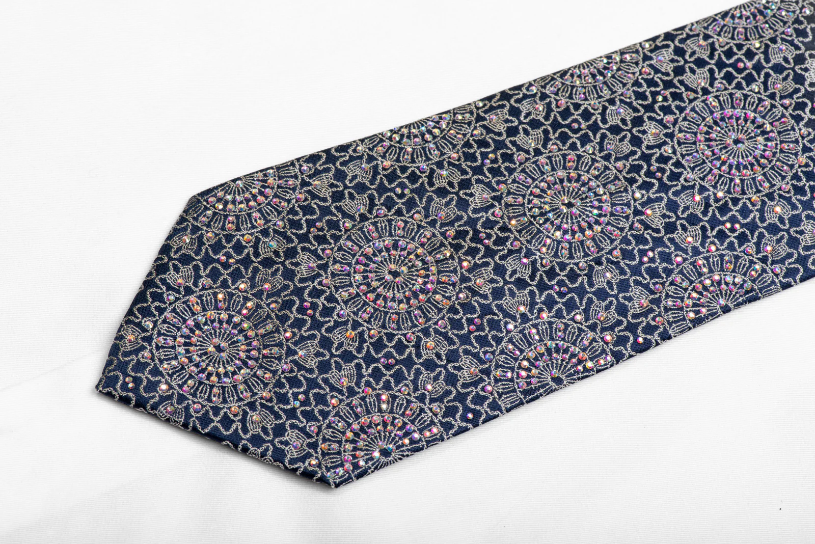 Silver Marrakesh On Navy Blue Crystal Rhinestone Silk Necktie - Image 4