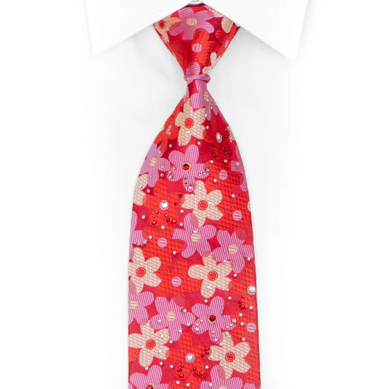 Silver Mauve Red Floral On Red Rhinestone Necktie With Sparkles - Image 5