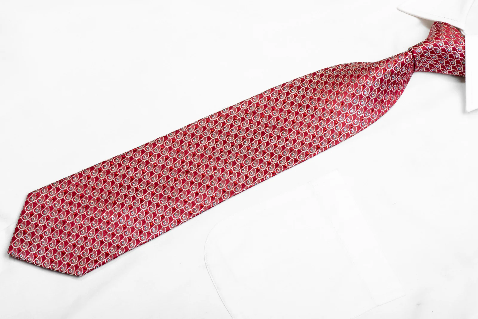 Silver Mini Scrolls On Red Rhinestone Silk Necktie With Blue Sparkles - Image 3