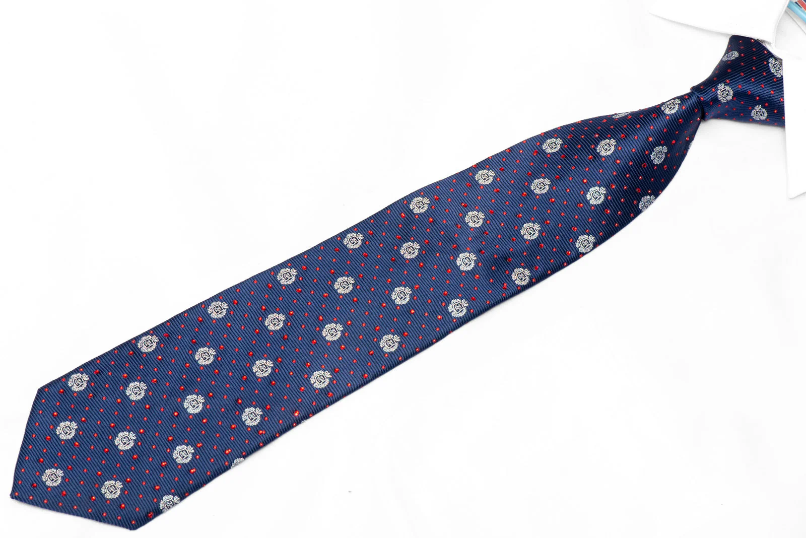 Silver Monogram On Blue Silk Necktie Sparkling With Red Rhinestones - Image 2