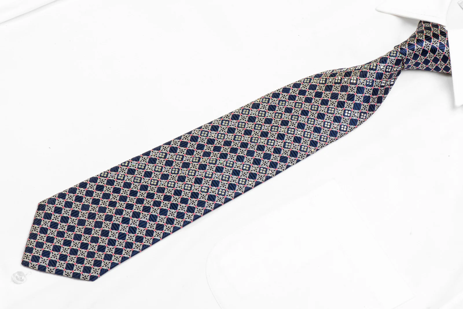 Silver Navy Cartouche Checkered Rhinestone Silk Tie With Silver Sparkles - Image 3