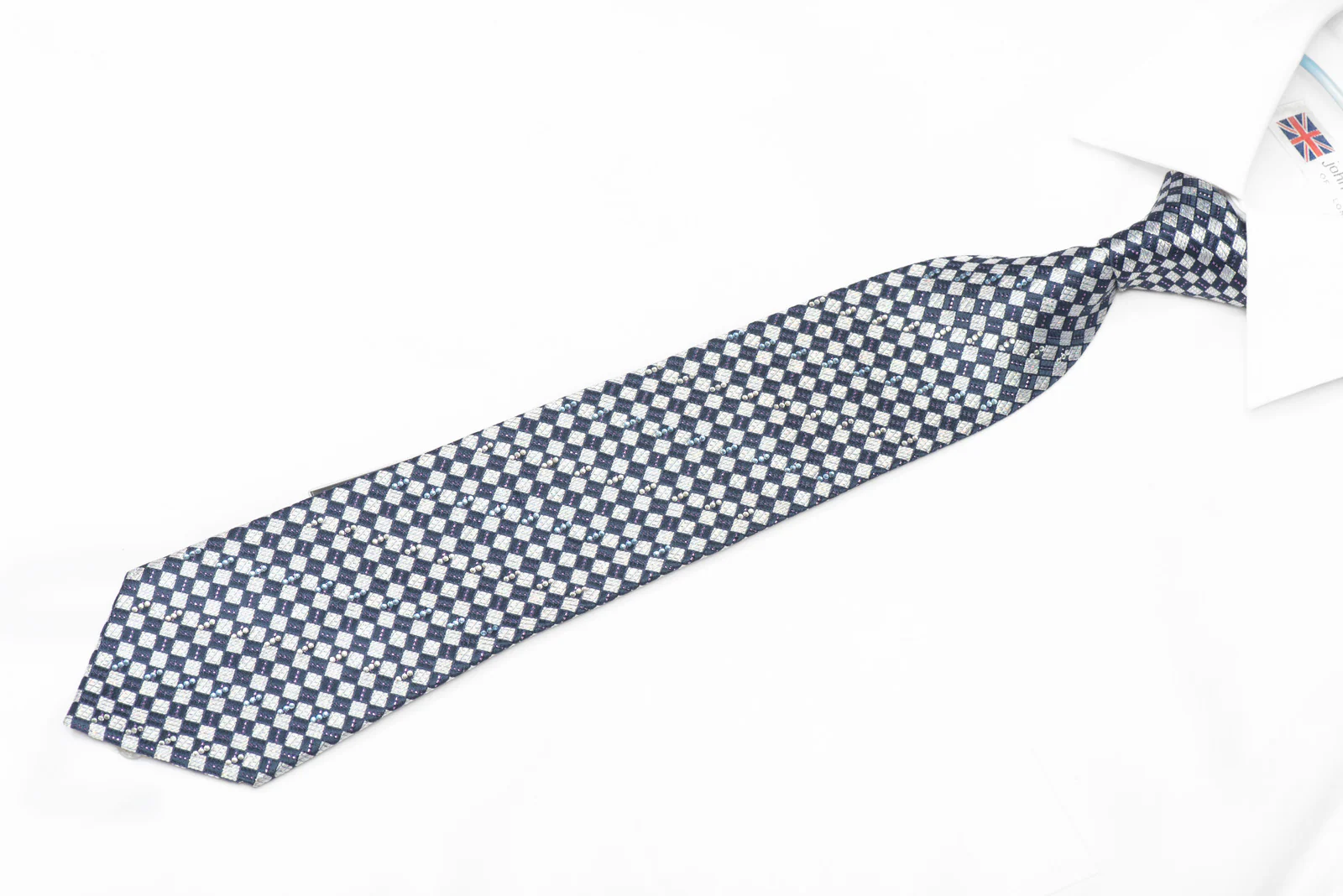 Silver Navy Checkered Rhinestone Silk Necktie With Silver Sparkles - Image 2