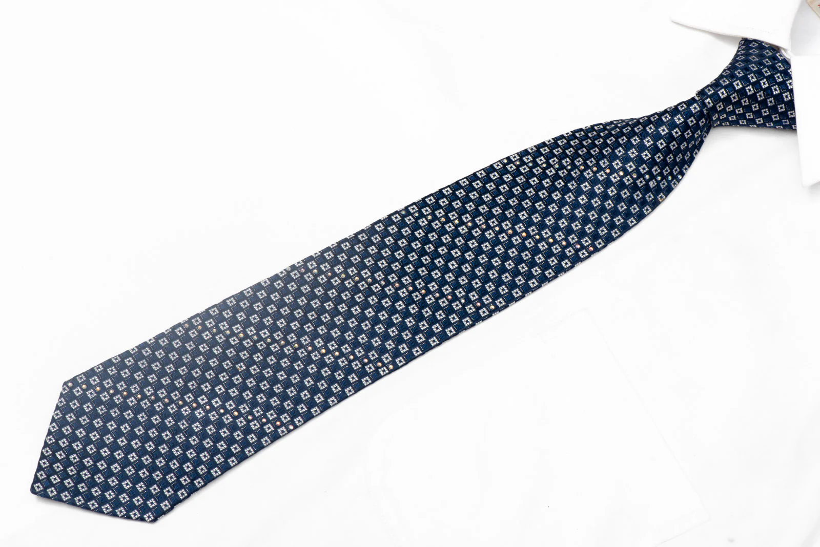 Silver Navy Checkered Rhinestone Silk Tie With Silver Sparkles - Image 2