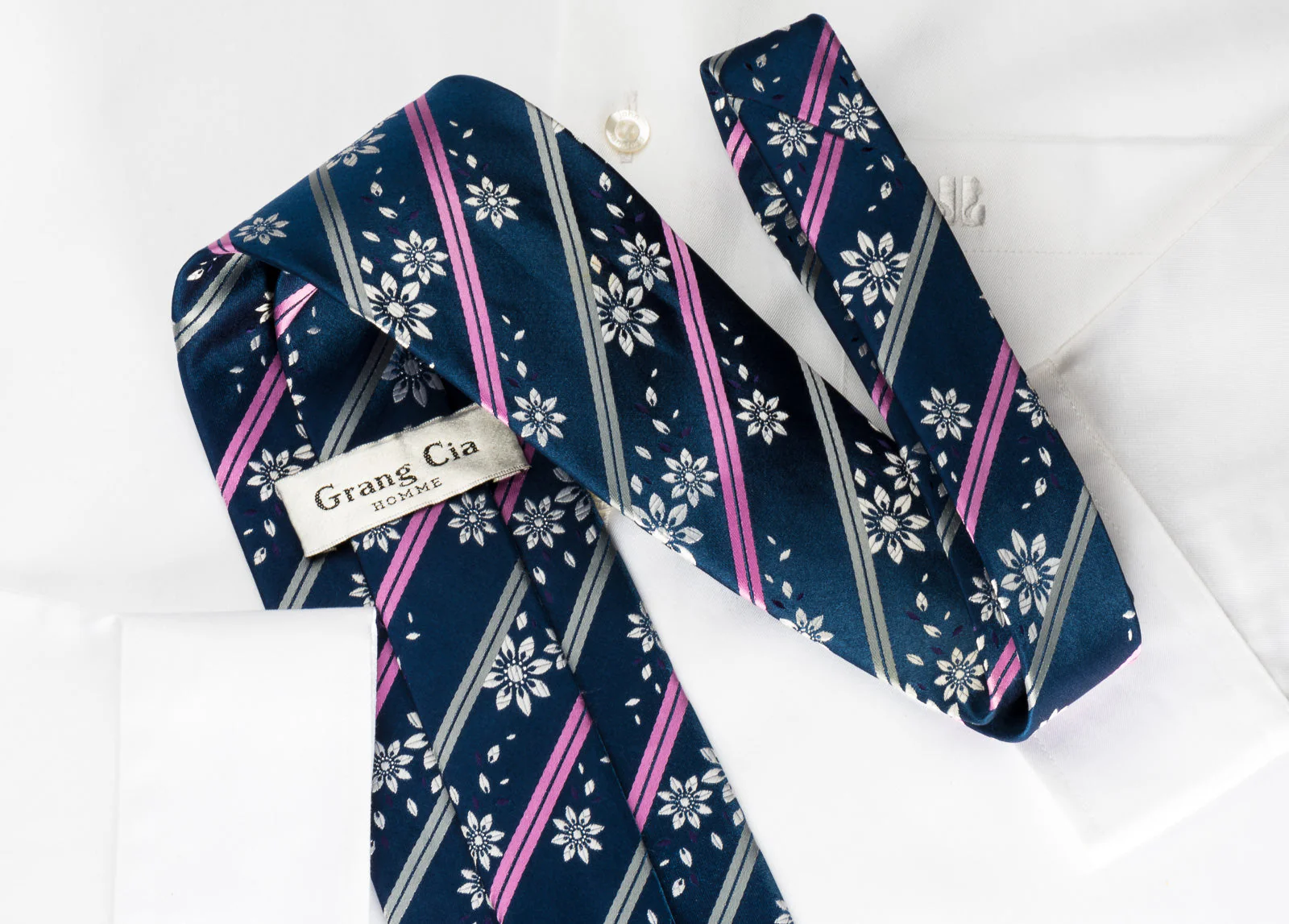 Silver Pink Floral Striped On Blue  Silk Rhinestone Necktie Silver Pink Floral Striped On Blue With Silver Sparkles - Image 7