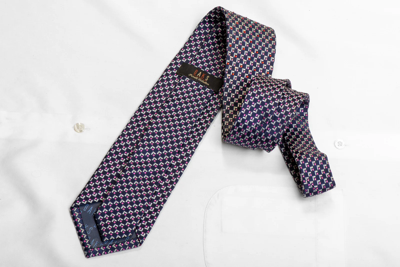 Silver Pink Geometric On Navy Rhinestone Tie With Purple Sparkles - Image 4