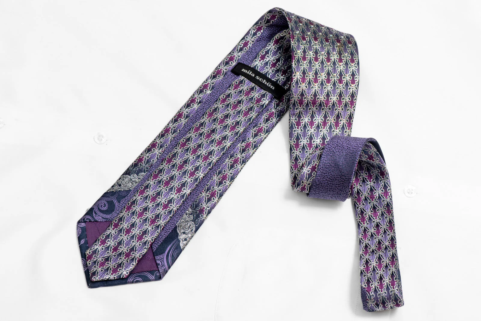 Luminous Rhinestone Silk Necktie – Purple & Silver Art Deco Pattern - Image 4
