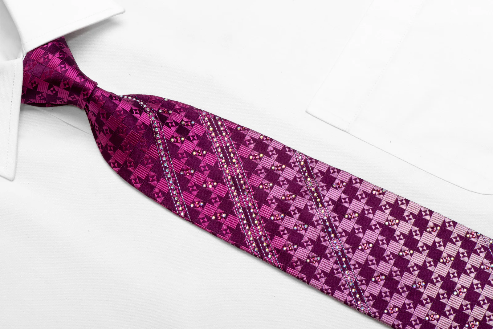 Silver Purple Checkered Rhinestone Silk Necktie Withy Silver Sparkles - Image 2