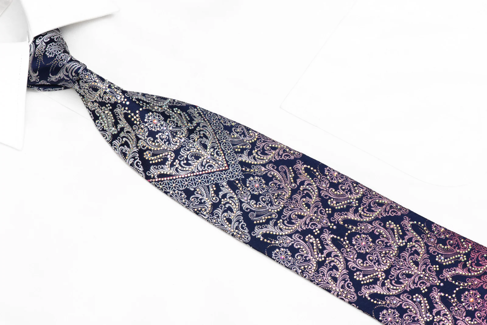 Silver Purple Damask On Navy Blue Rhinestone Silk Necktie With Silver Sparkles - Image 2