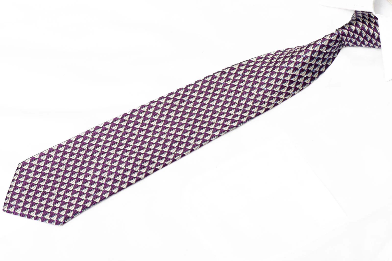 Silver Purple Geometric Rhinestone Silk Tie With Purple Sparkles - Image 2