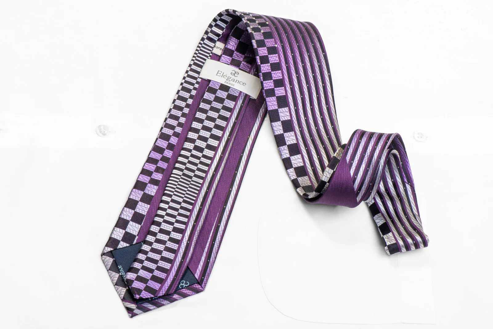Silver Purple Vertical Striped On Navy Rhinestone Silk Tie With Sparkles - Image 4