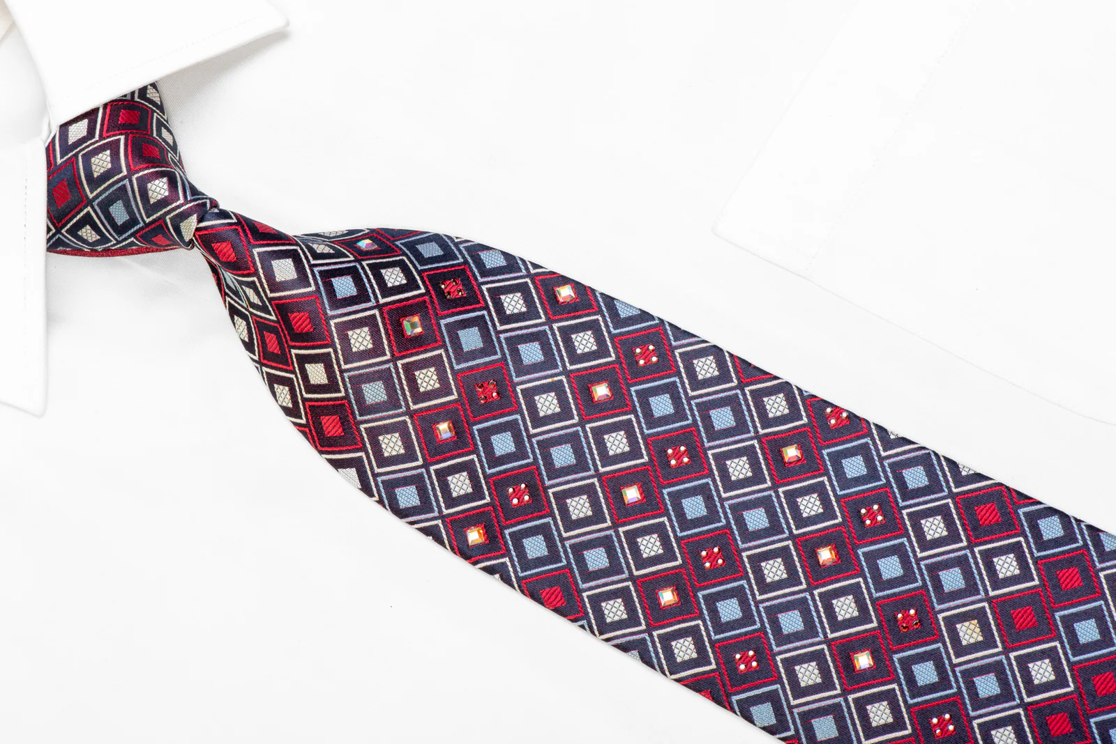 Silver Red Blue Geometric On Navy Rhinestone Silk Necktie - Image 2