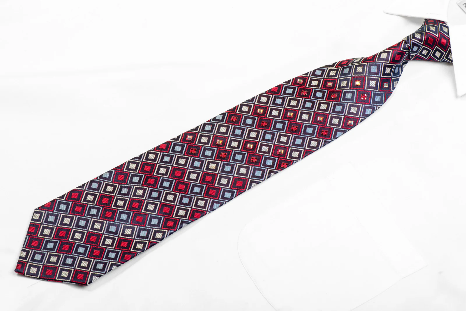 Silver Red Blue Geometric On Navy Rhinestone Silk Necktie - Image 3