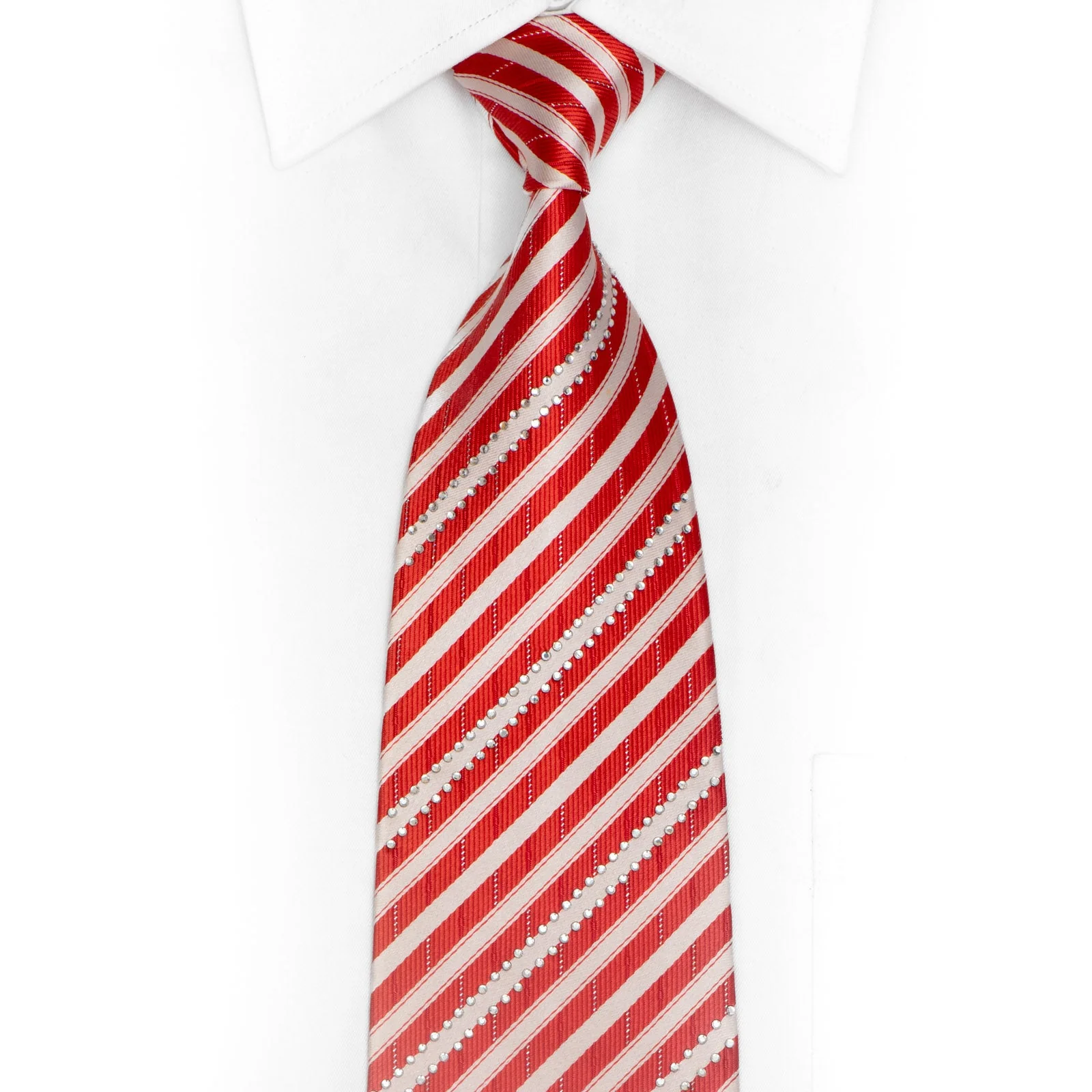 Silver Red Striped Rhinestone Silk Necktie With Silver Sparkles