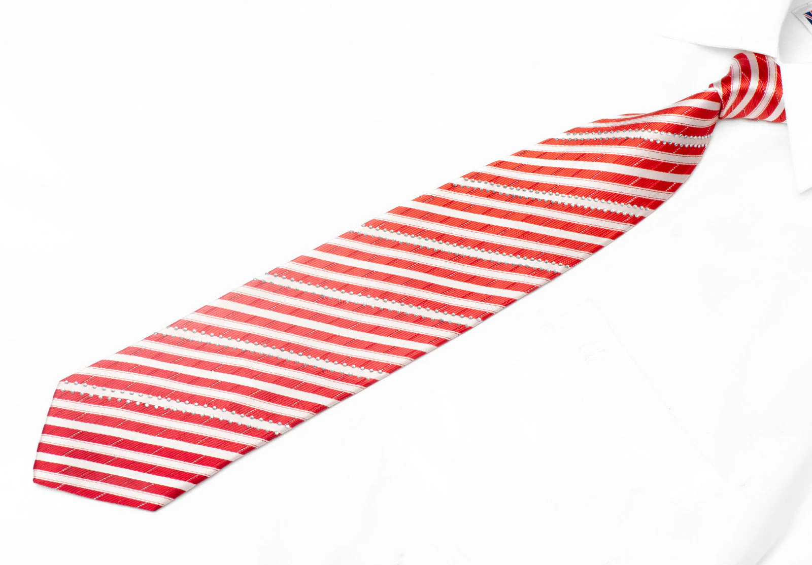 Silver Red Striped Rhinestone Silk Necktie With Silver Sparkles - Image 2