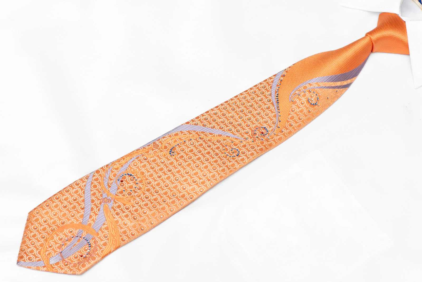 Silver Scrolls On Orange Rhinestone Silk Tie With Pink Sparkles - Image 2