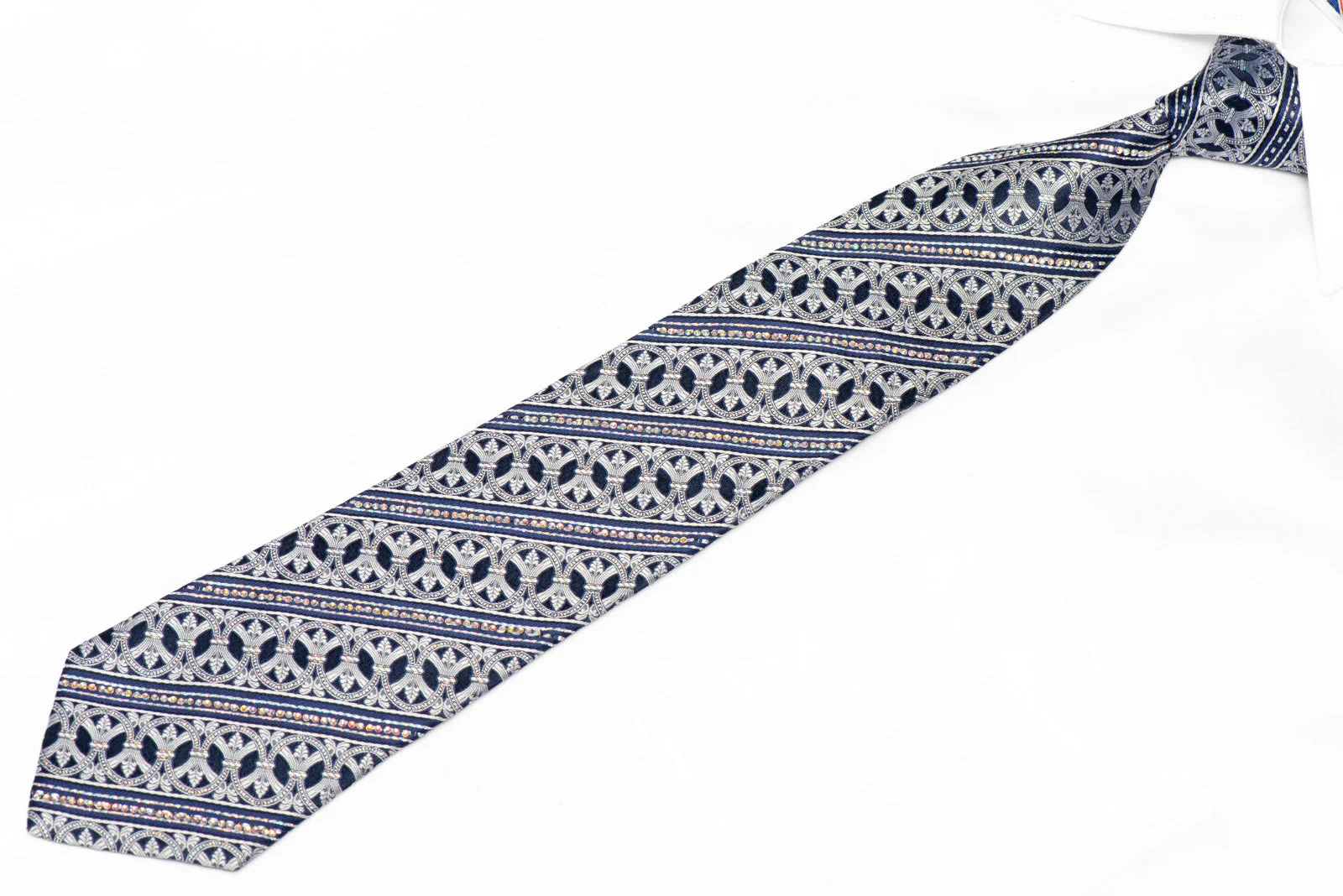 Silver Striped Cartouche On Navy Rhinestone Silk Tie With Silver Sparkles - Image 2