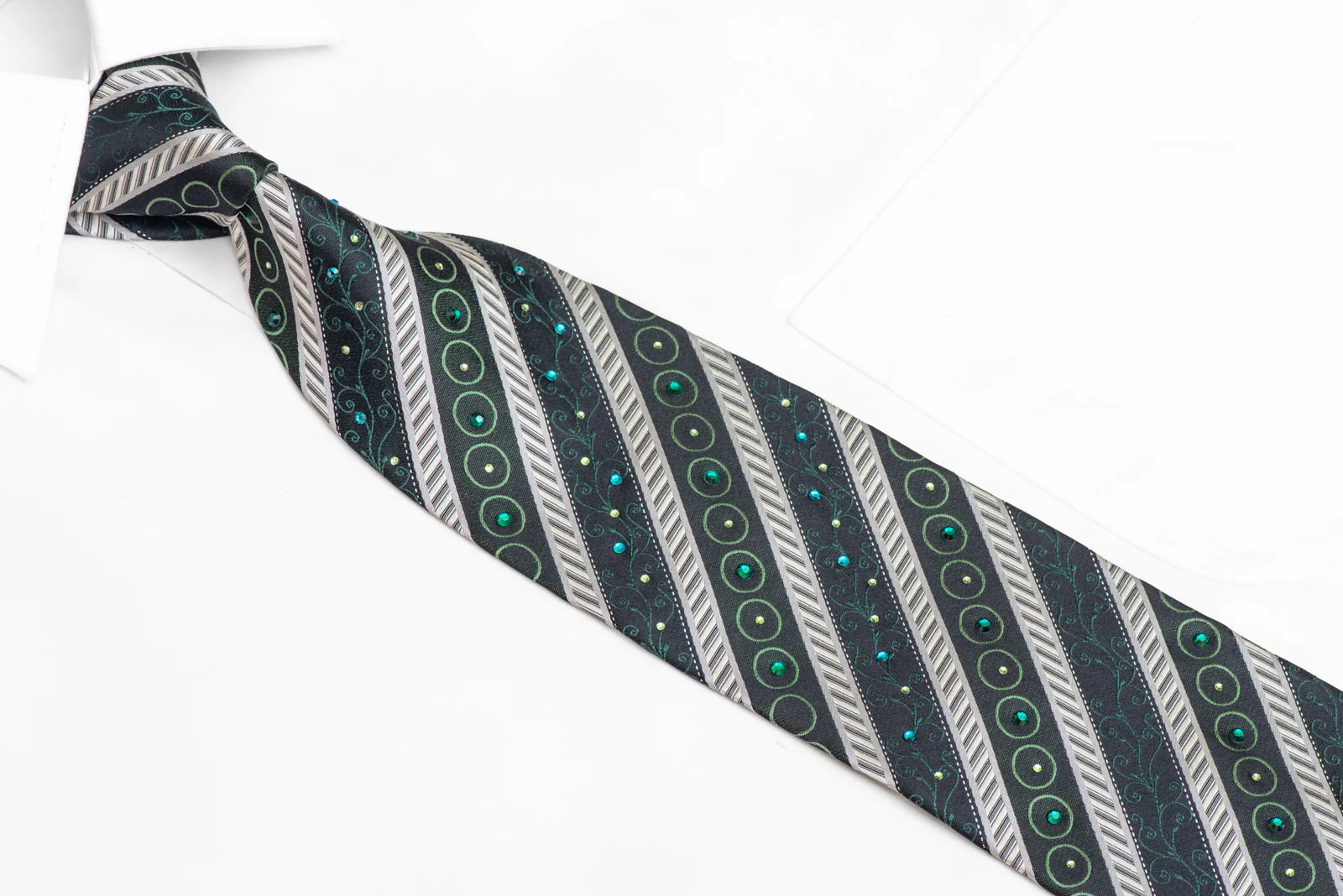 Silver Stripes & Green On Navy Rhinestone Silk Necktie With Silver Sparkles - Image 2