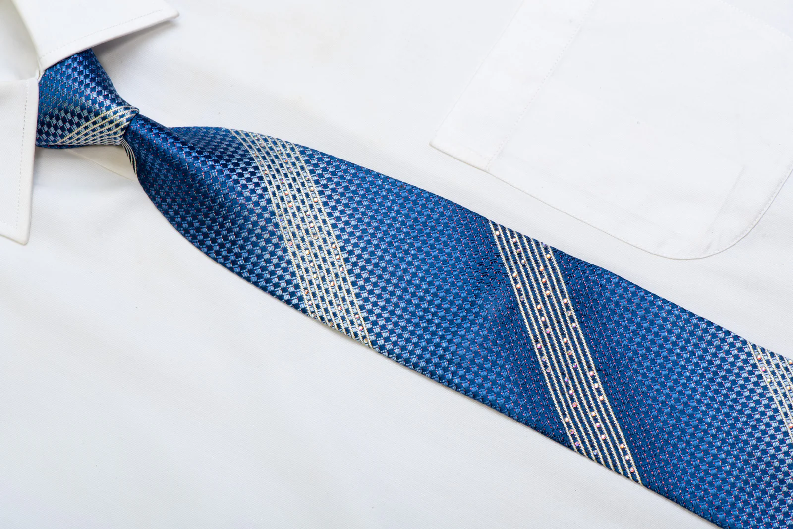 Silver Stripes On Blue Rhinestone Silk Necktie With Purple Sparkles - Image 2