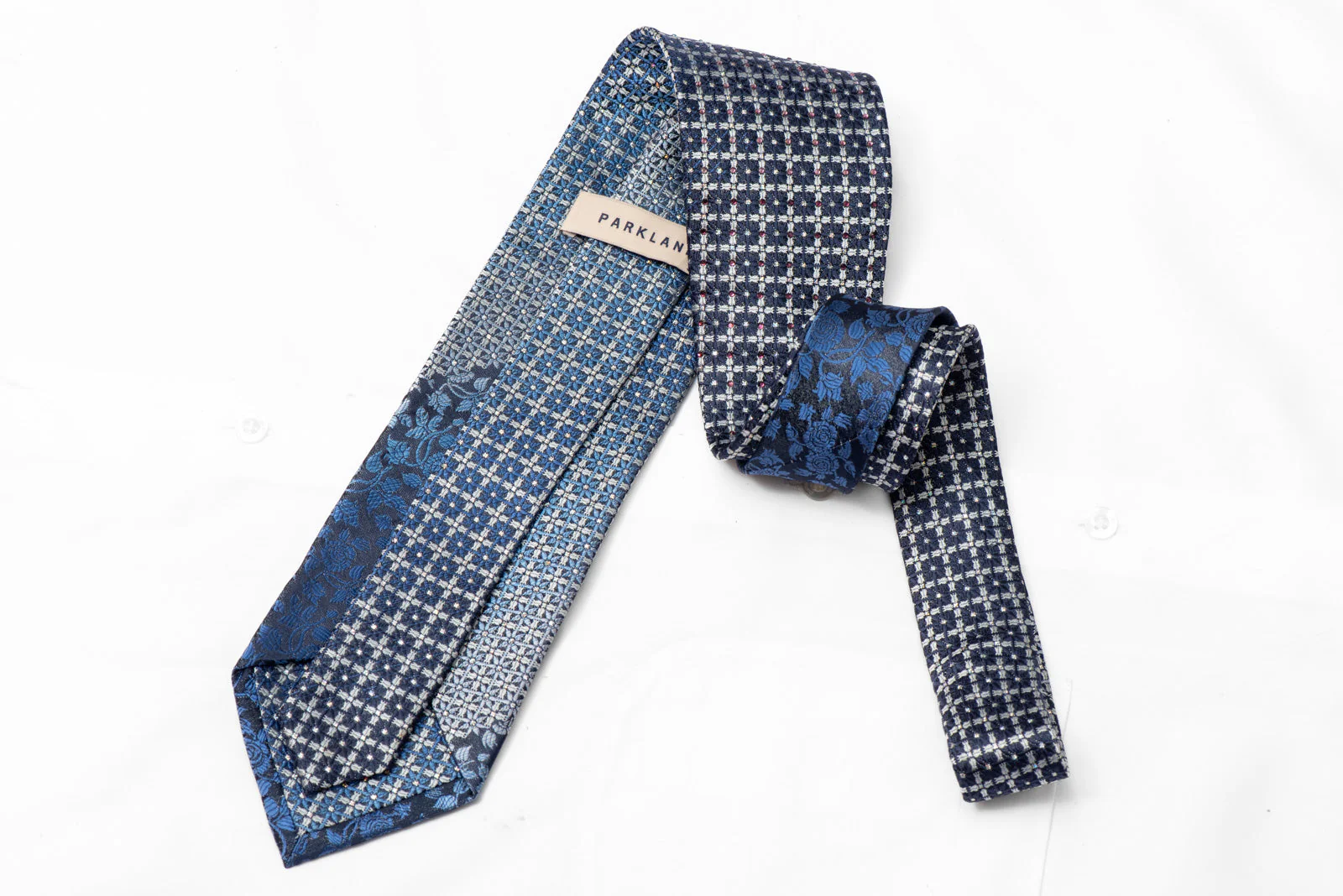 Silver Trellis & Floral On Navy Rhinestone Silk Necktie With Silver Sparkles - Image 3