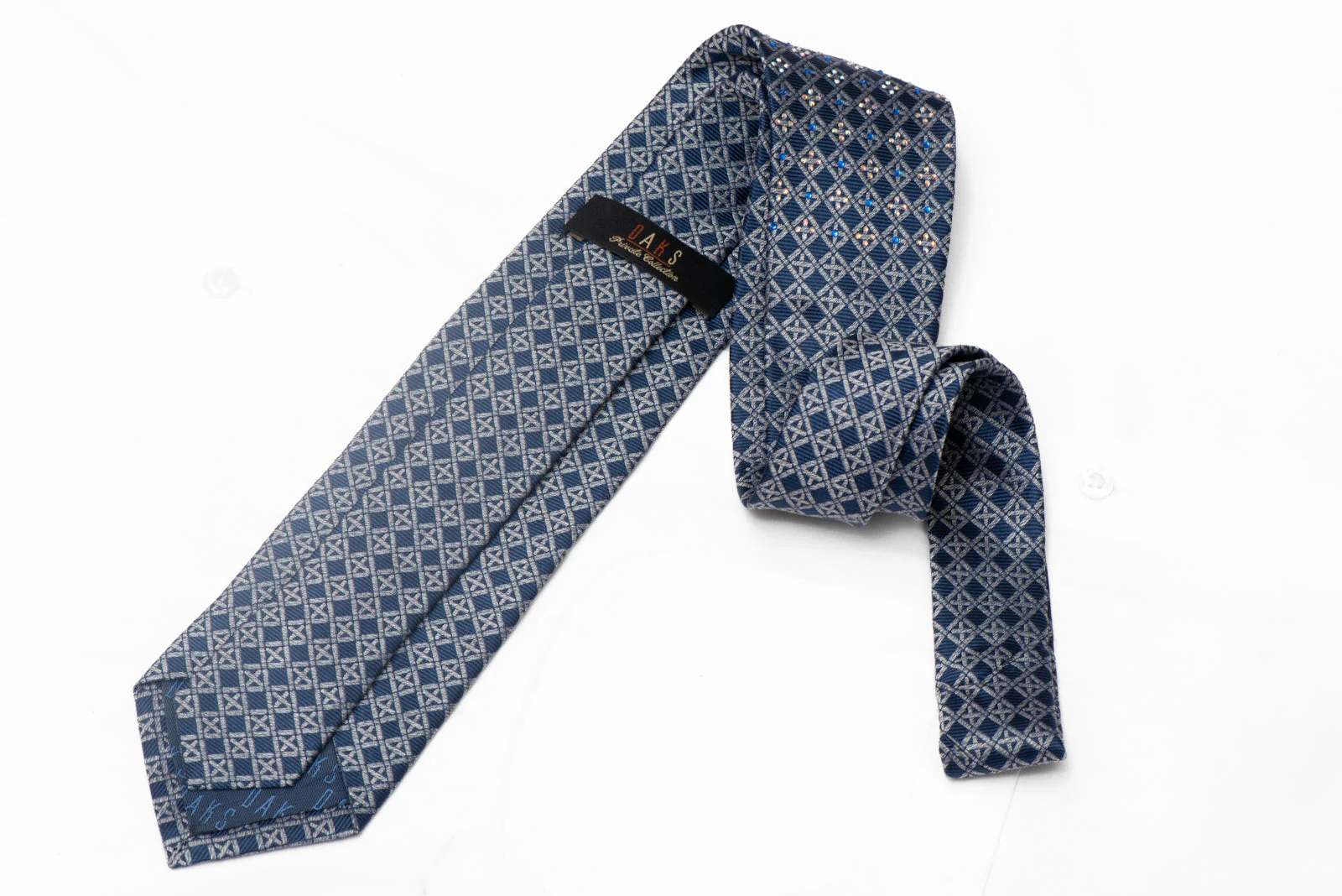 Silver Trellis On Blue Rhinestone Silk Necktie - Image 3