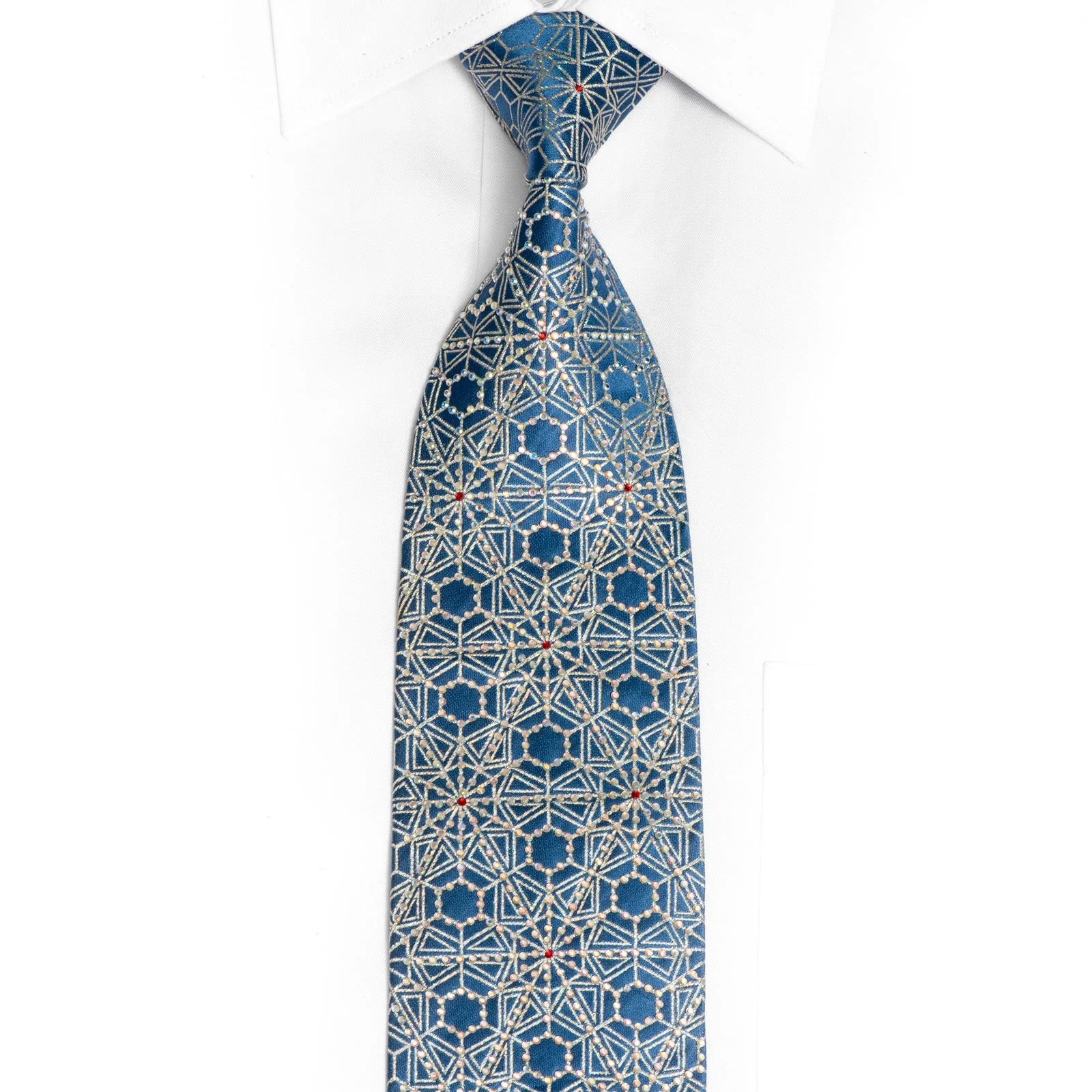 Silver Trellis On Blue Rhinestone Silk Tie With Silver Sparkles