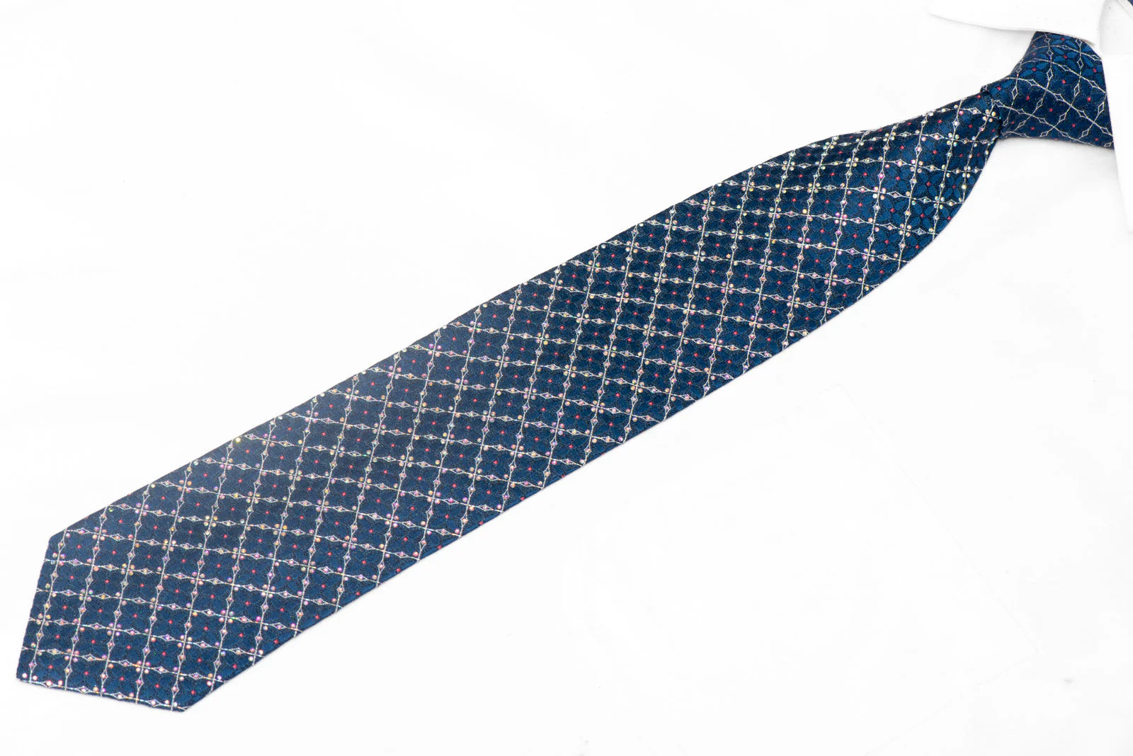 Silver Trellis On Navy Rhinestone Silk Necktie With Sparkles - Image 2