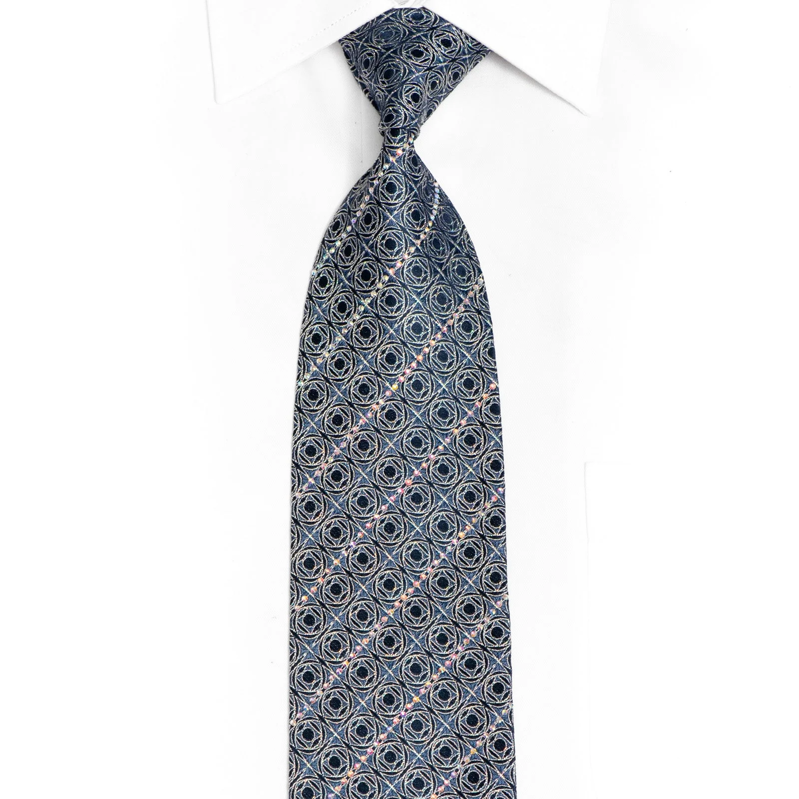 Silver Trellis On Navy Rhinestone Silk Tie With Silver Sparkles