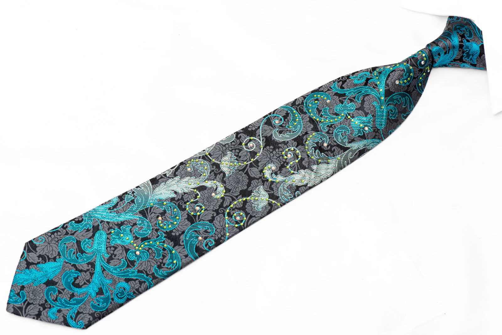 Silver Turquoise Acanthus Scrolls On Black Rhinestone Silk Tie With Sparkles - Image 2