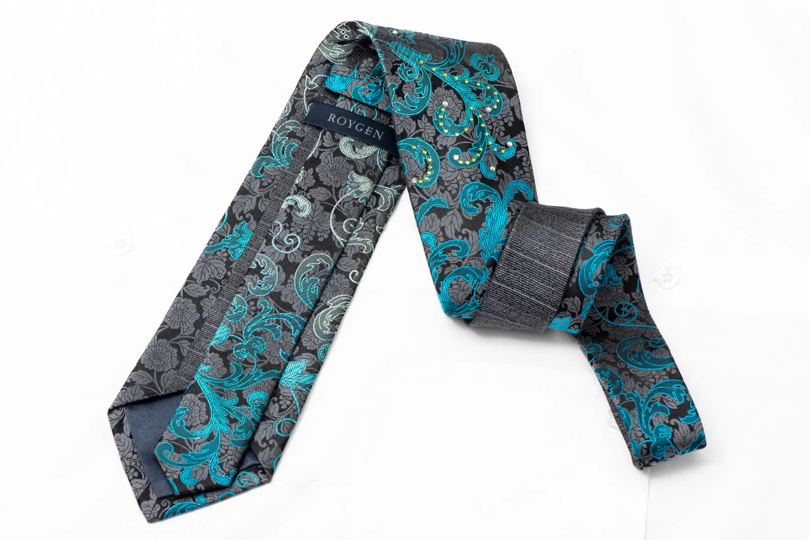 Silver Turquoise Acanthus Scrolls On Black Rhinestone Silk Tie With Sparkles - Image 3