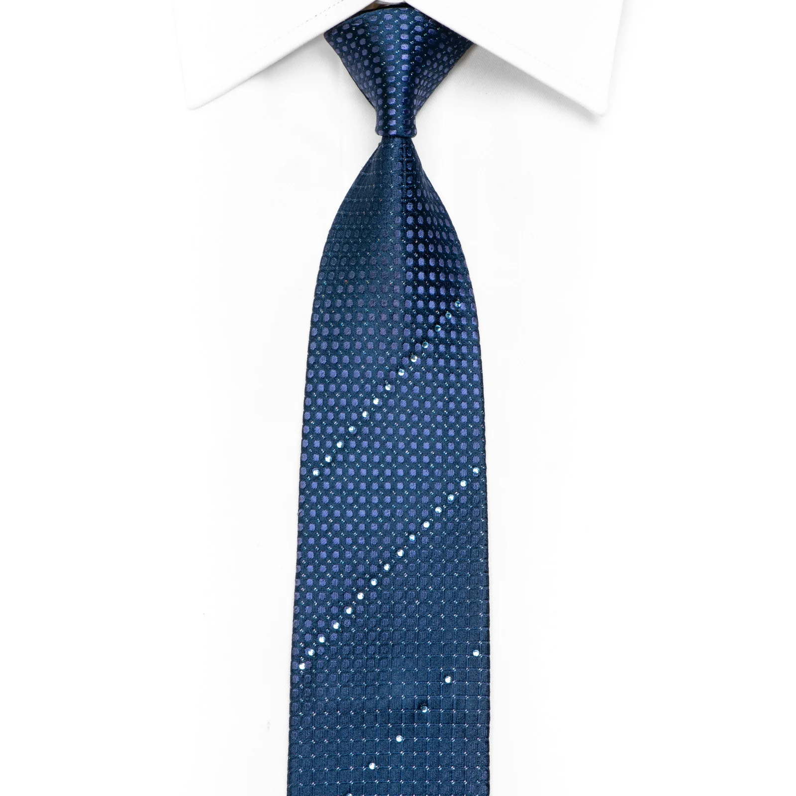 Skinny Rhinestone Silk Necktie Geometric Dots & Trellis On Blue