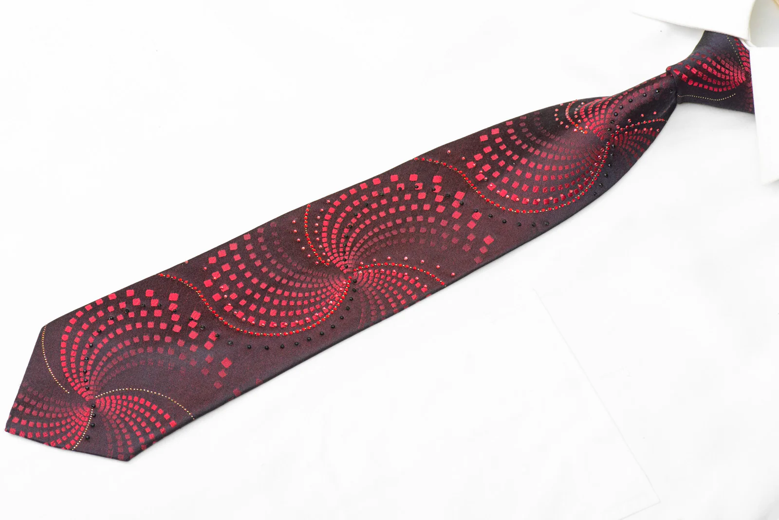 Burgundy Geometric On Dark Burgundy Rhinestone Silk Tie With Silver Sparkles - Image 3