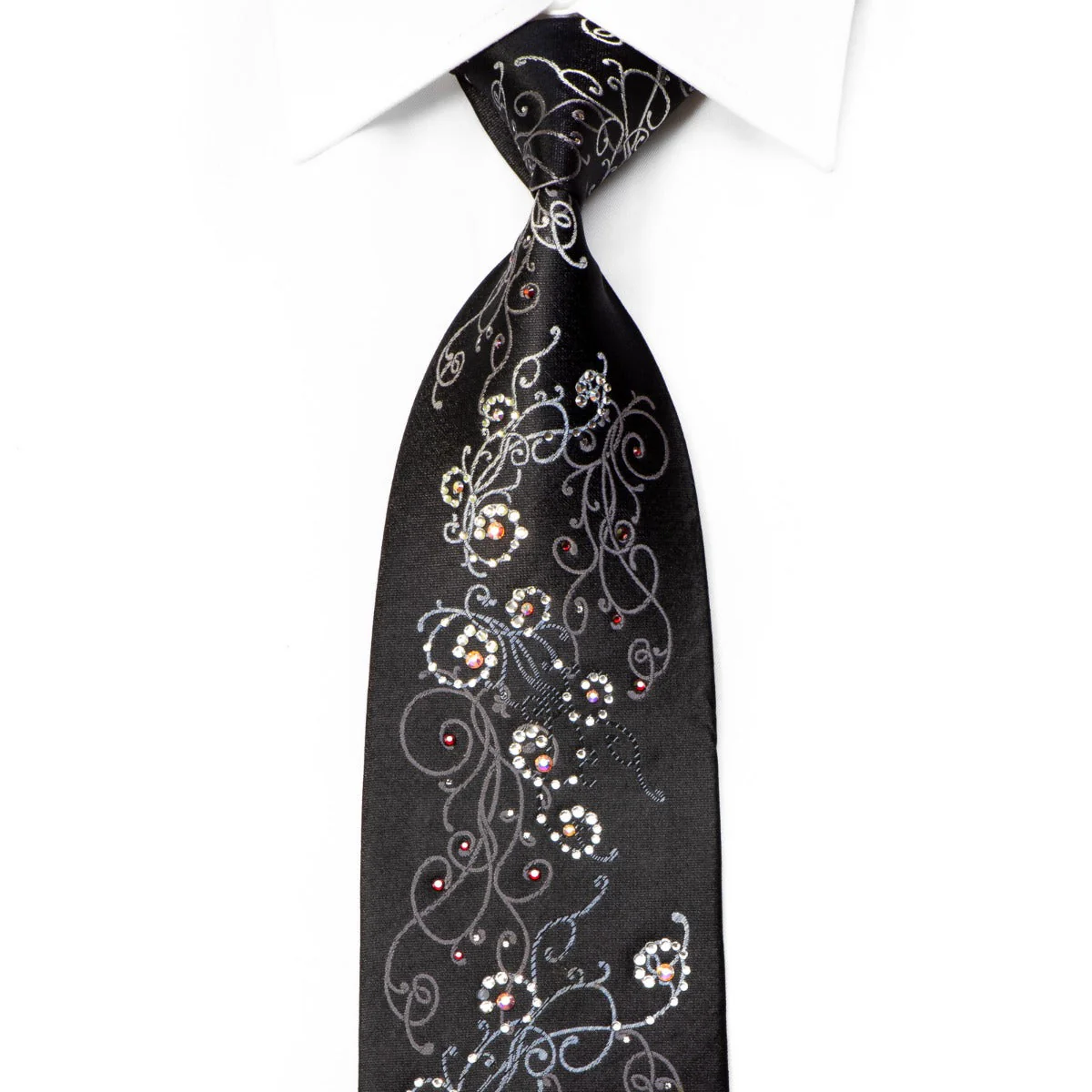 Smalto Crystal Rhinestone Tie Silver Scrolls On Black