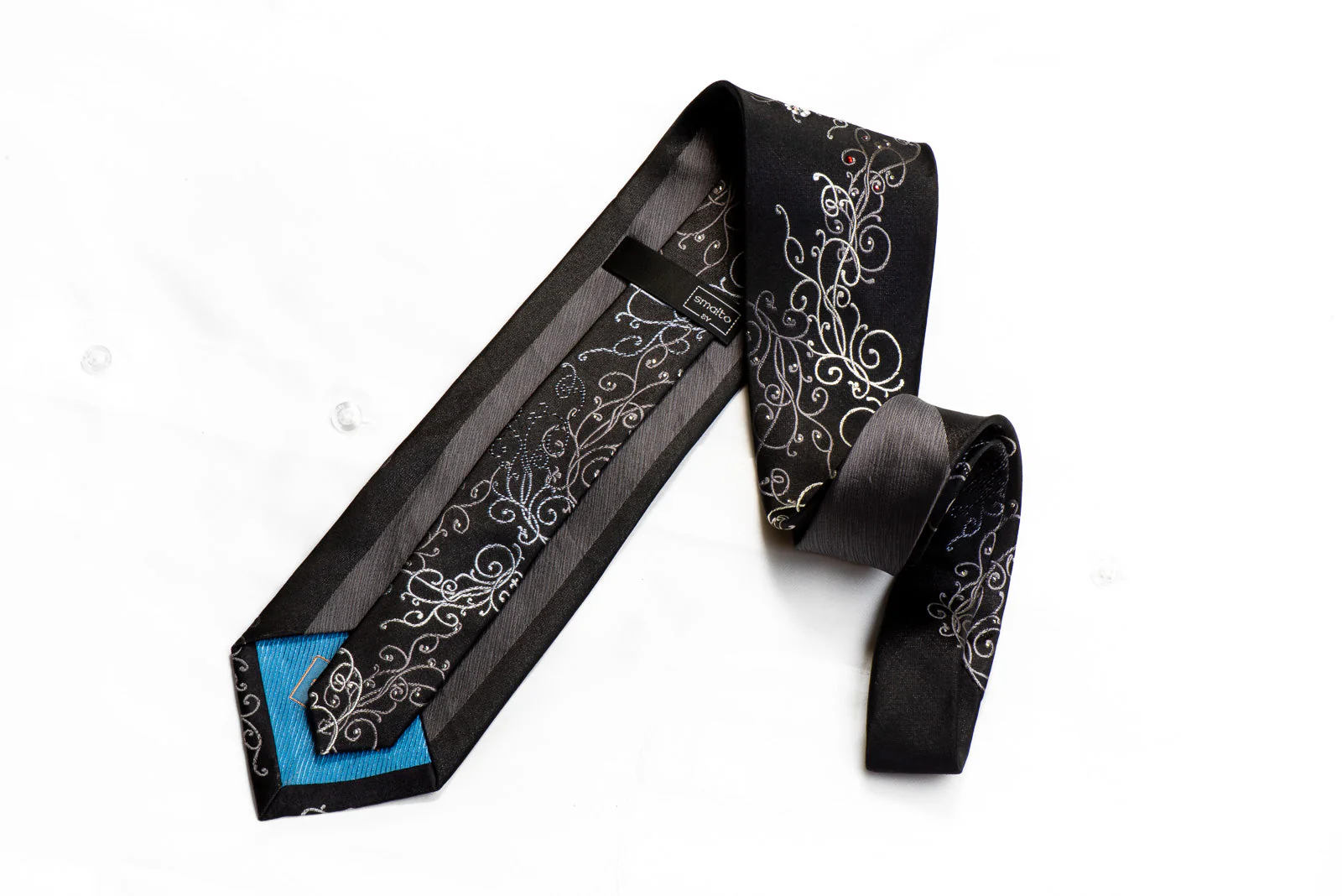 Smalto Crystal Rhinestone Tie Silver Scrolls On Black - Image 5