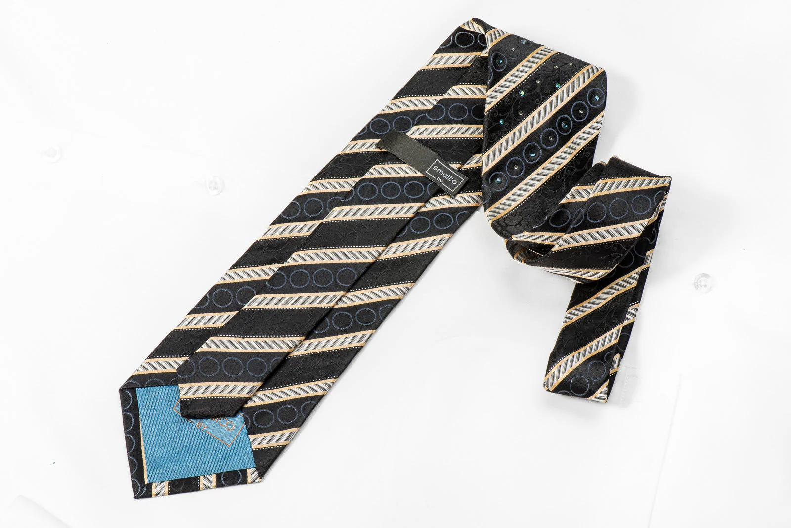 Smalto Men's Crystal Silk Necktie Silver Black Striped With Silver Sparkles - Image 5