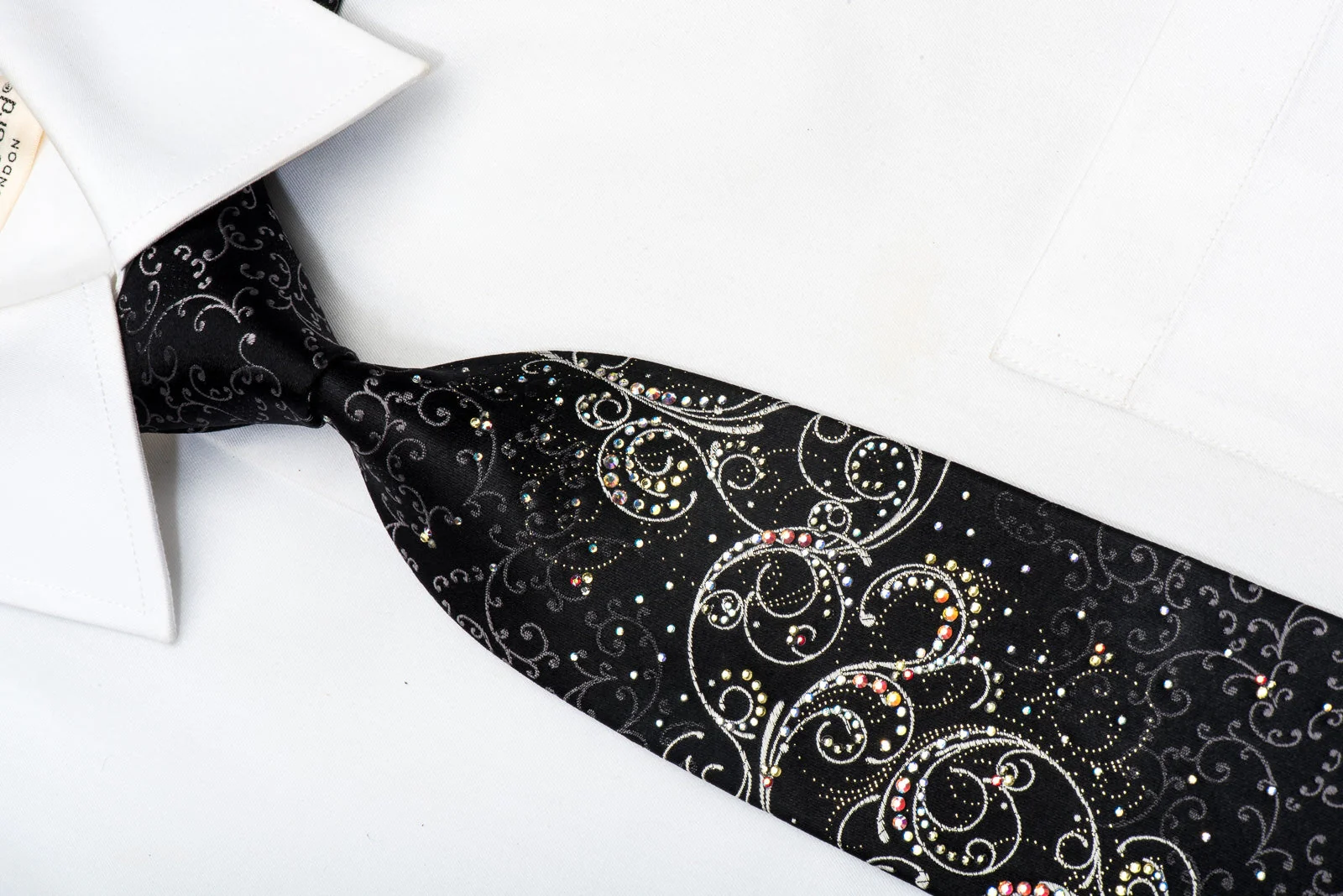 Smalto Men's Rhinestone Silk Tie Silver Scrolls On Black With Silver Sparkles - Image 3