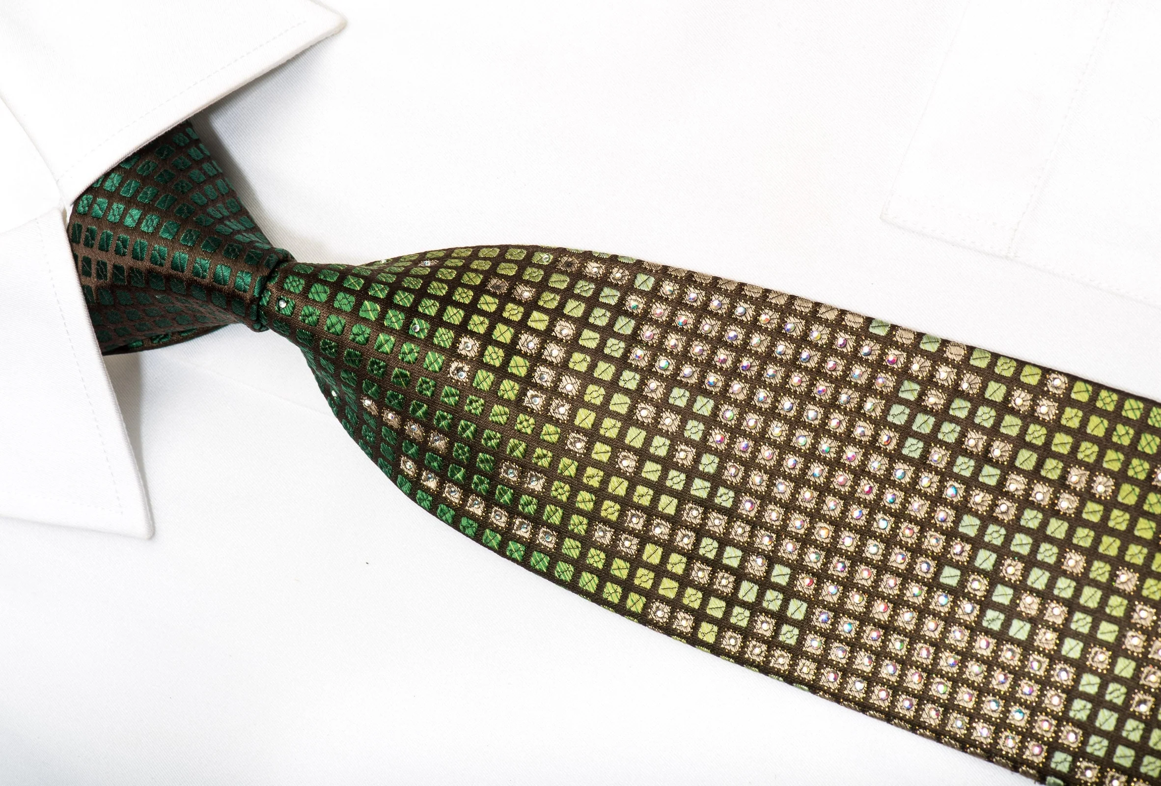 Smalto Men's Silk Tie Geometric Squares On Dark Green Sparkling With Rhinestones - Image 2