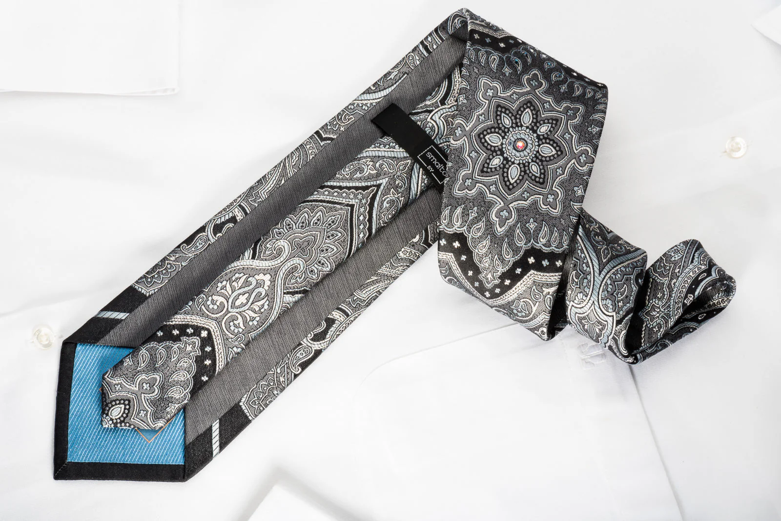 Smalto Men's Woven Silk Necktie Silver Damask On Black With Rhinestones - Image 6