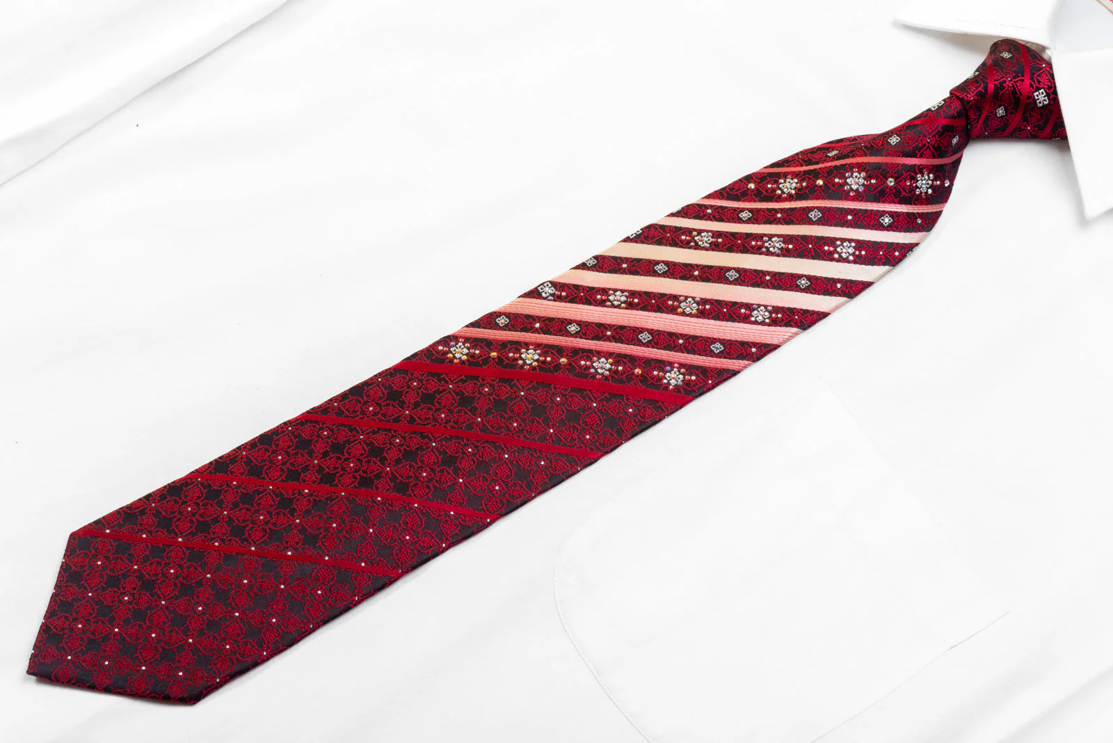 Smalto Mens Rhinestone Silk Necktie Red Cartouche & Stripes On Black With Sparkles - Image 3