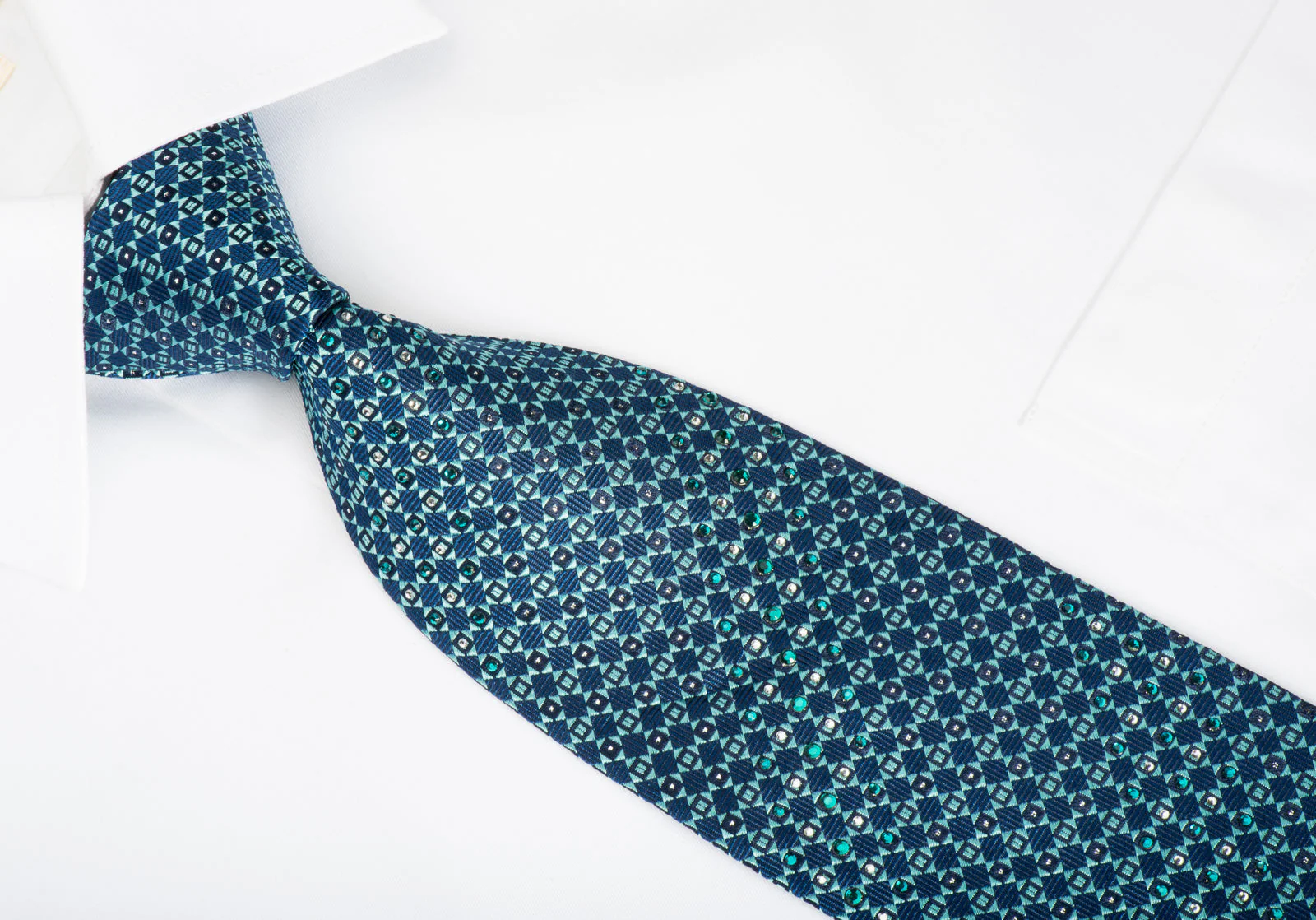 Smalto Rhinestone Silk Necktie Turquoise Checker On Blue With Silver Sparkles - Image 5