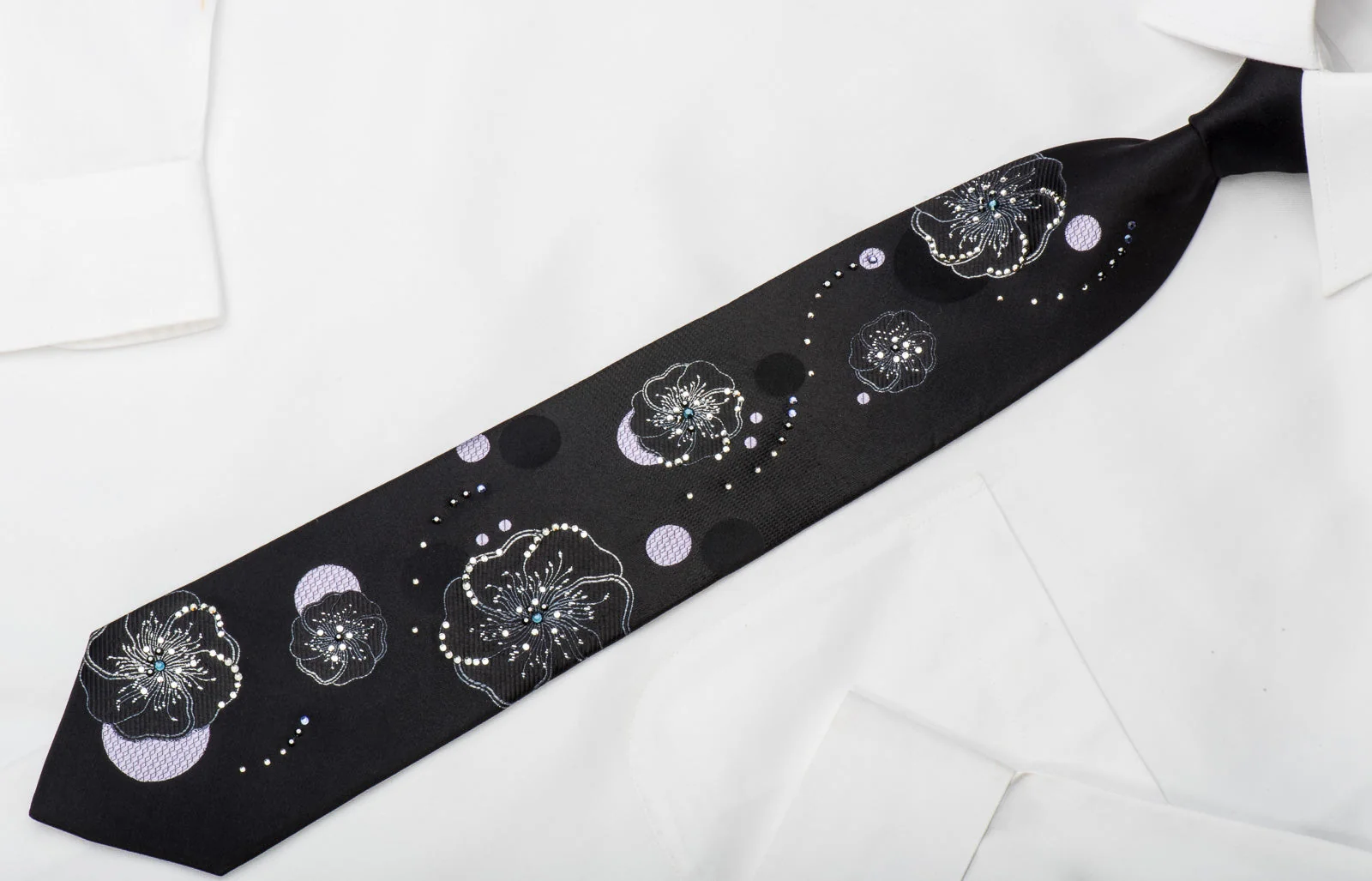 Smalto Rhinestone Silk Tie Silver Floral On Black With Sparkles - Image 4