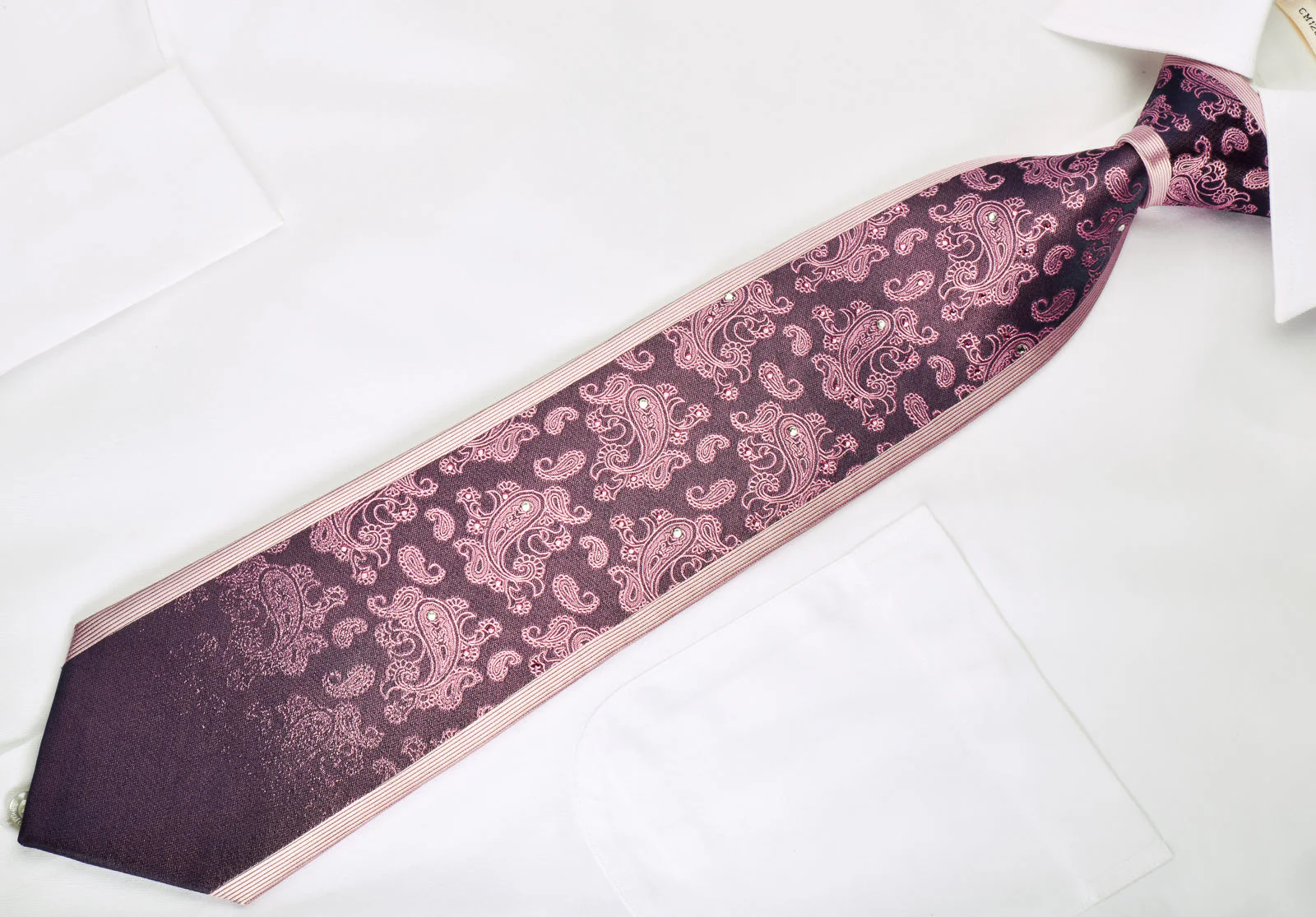 Smalto Silk Neckie Boteh Paisley On Purple With Rhinestones - Image 4