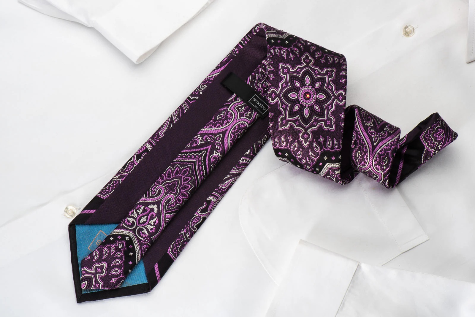 Smalto Silk Necktie Damask On Purple Sparkling With Crystal Rhinestones - Image 5