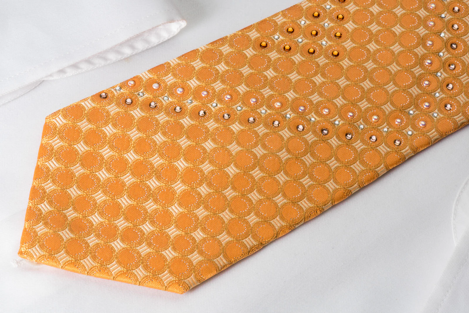 Smalto Silk Rhinestone Tie Geometric On Orange With Pearls & Sparkles - Image 3
