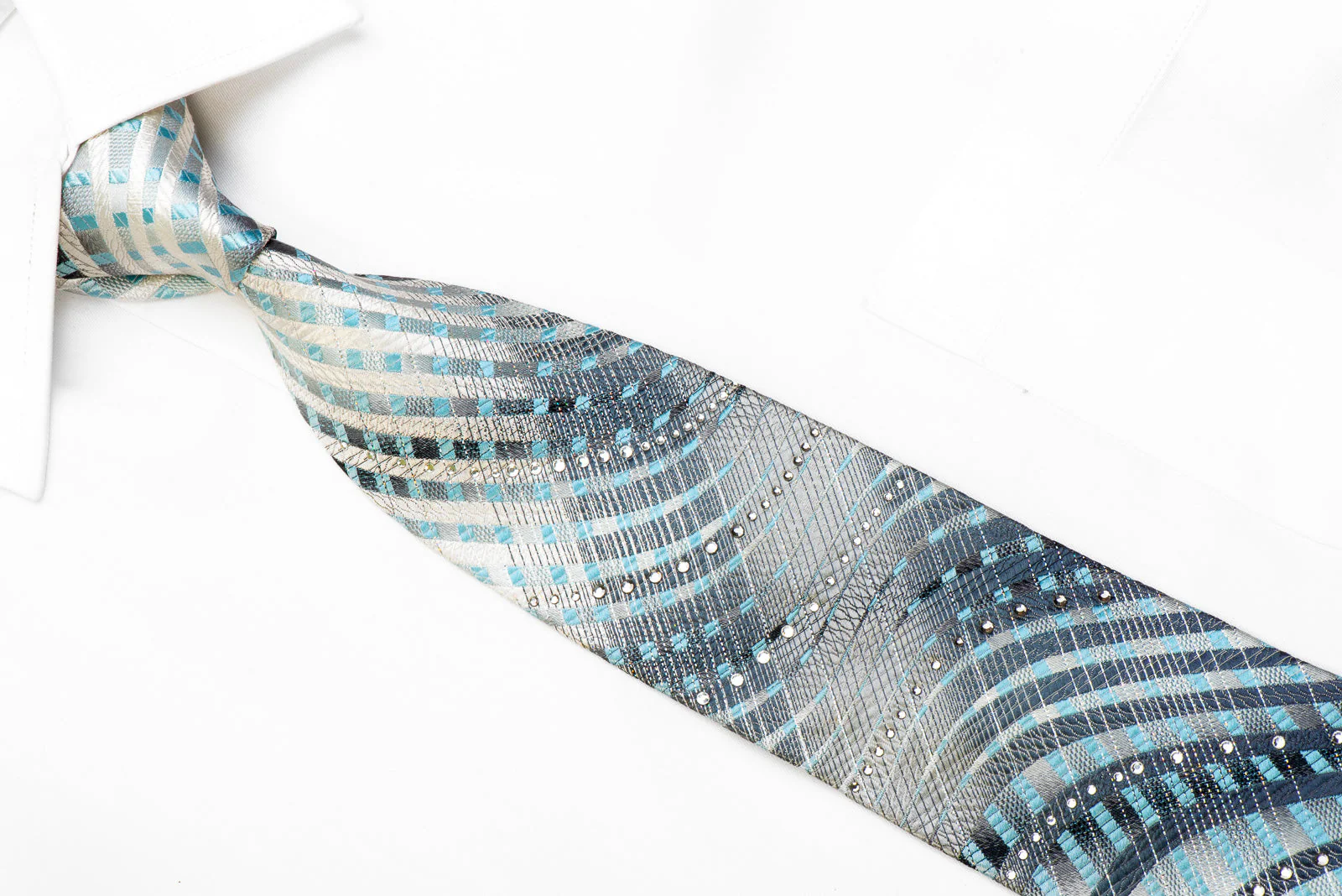 Solus Rhinestone Silk Necktie Blue Waves On Silver With Sparkles - Image 2