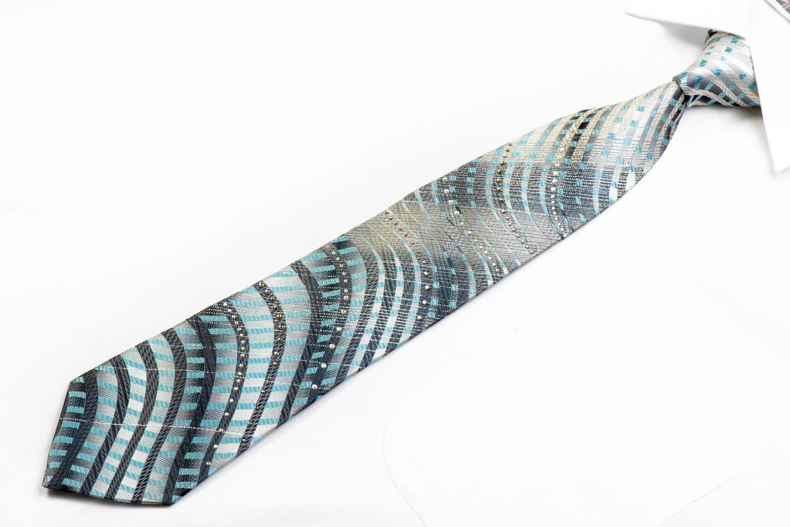 Solus Rhinestone Silk Necktie Blue Waves On Silver With Sparkles - Image 3