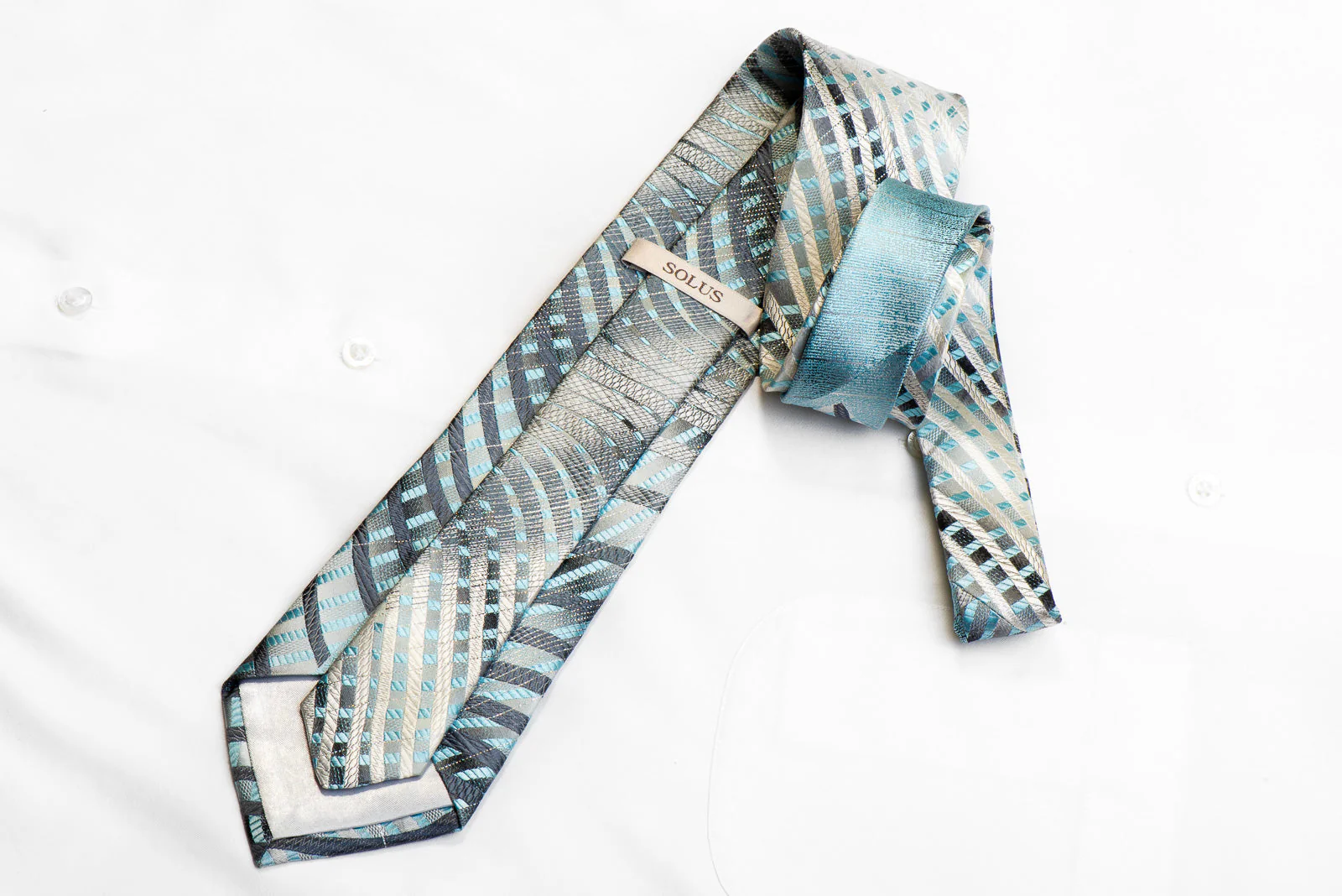 Solus Rhinestone Silk Necktie Blue Waves On Silver With Sparkles - Image 4