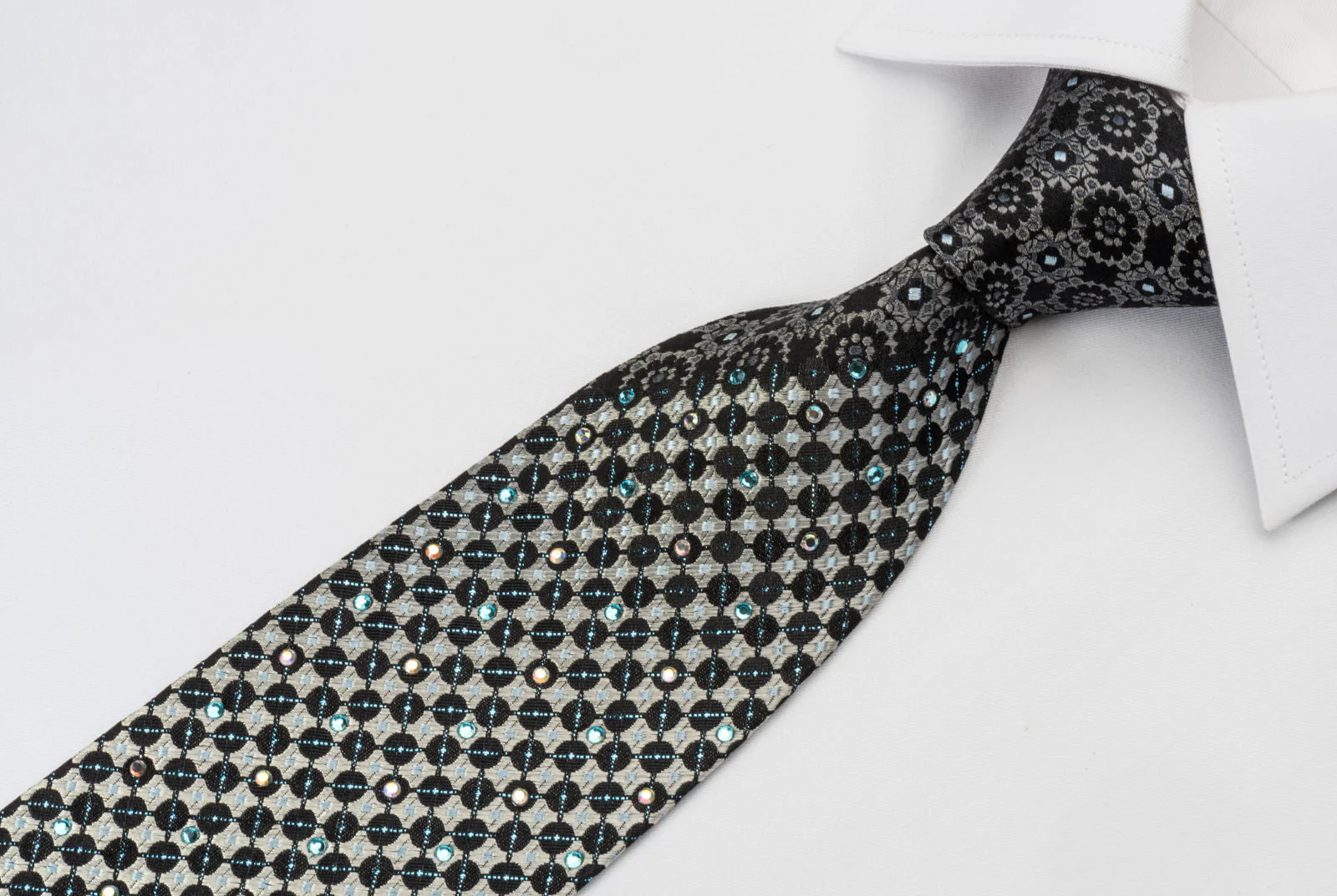 Steve Rino Silk Rhinestone Necktie Silver Geometric On Black With Silver Sparkles - Image 4