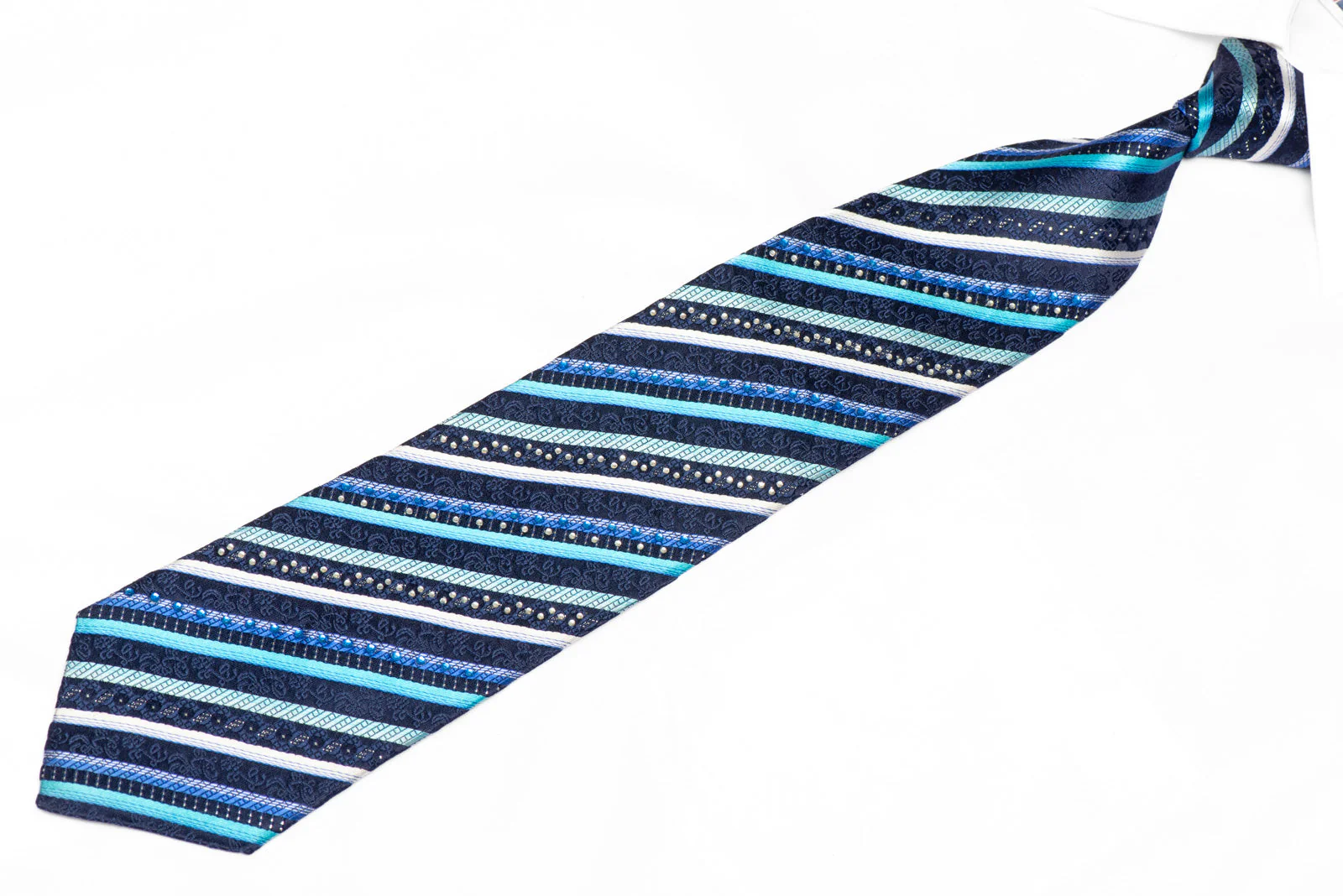 Striped On Navy Rhinestone Silk Necktie With Silver Sparkles - Image 2