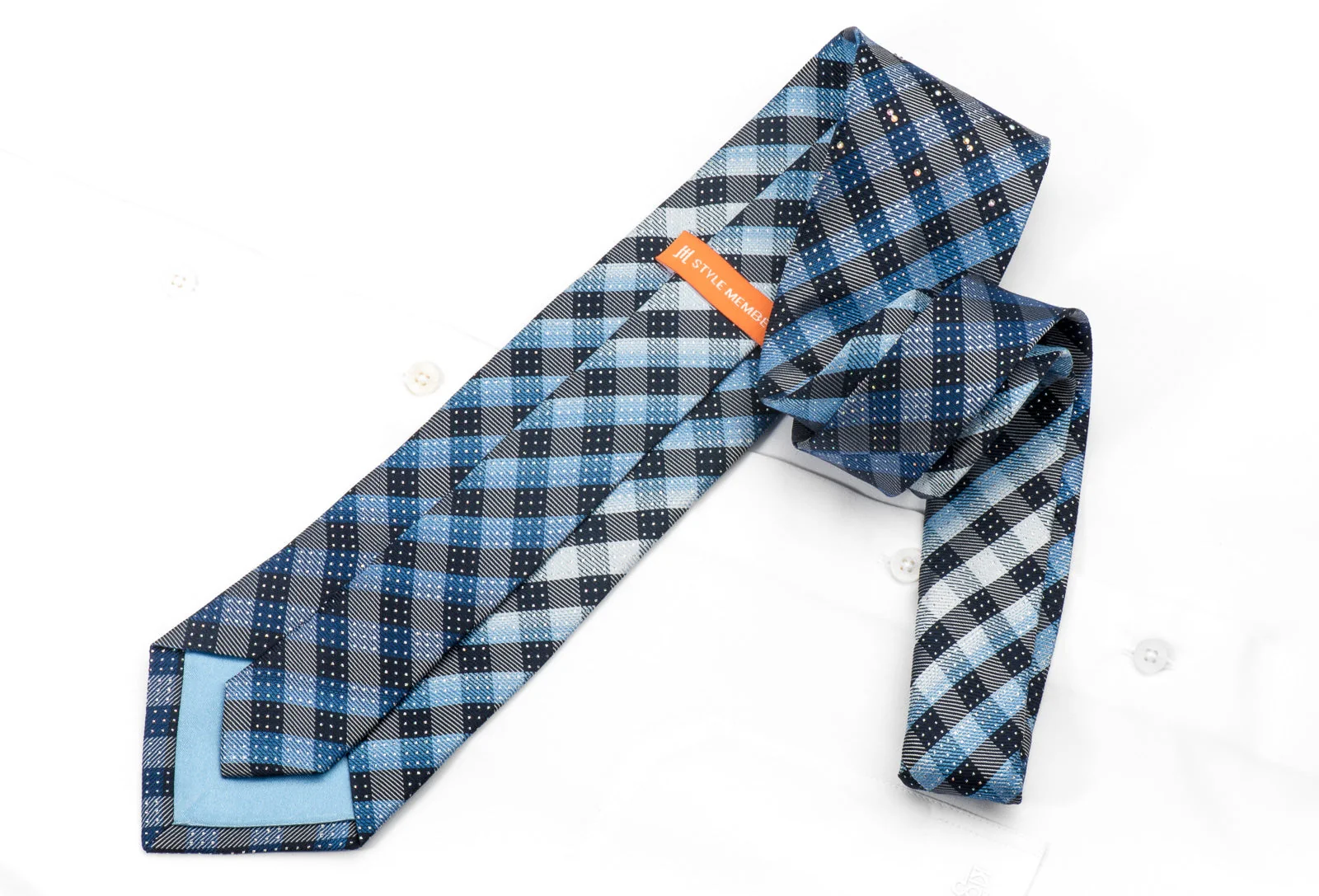 Style Members Men's Silk Rhinestone Tie Blue Plaids With Silver Sparkles - Image 4