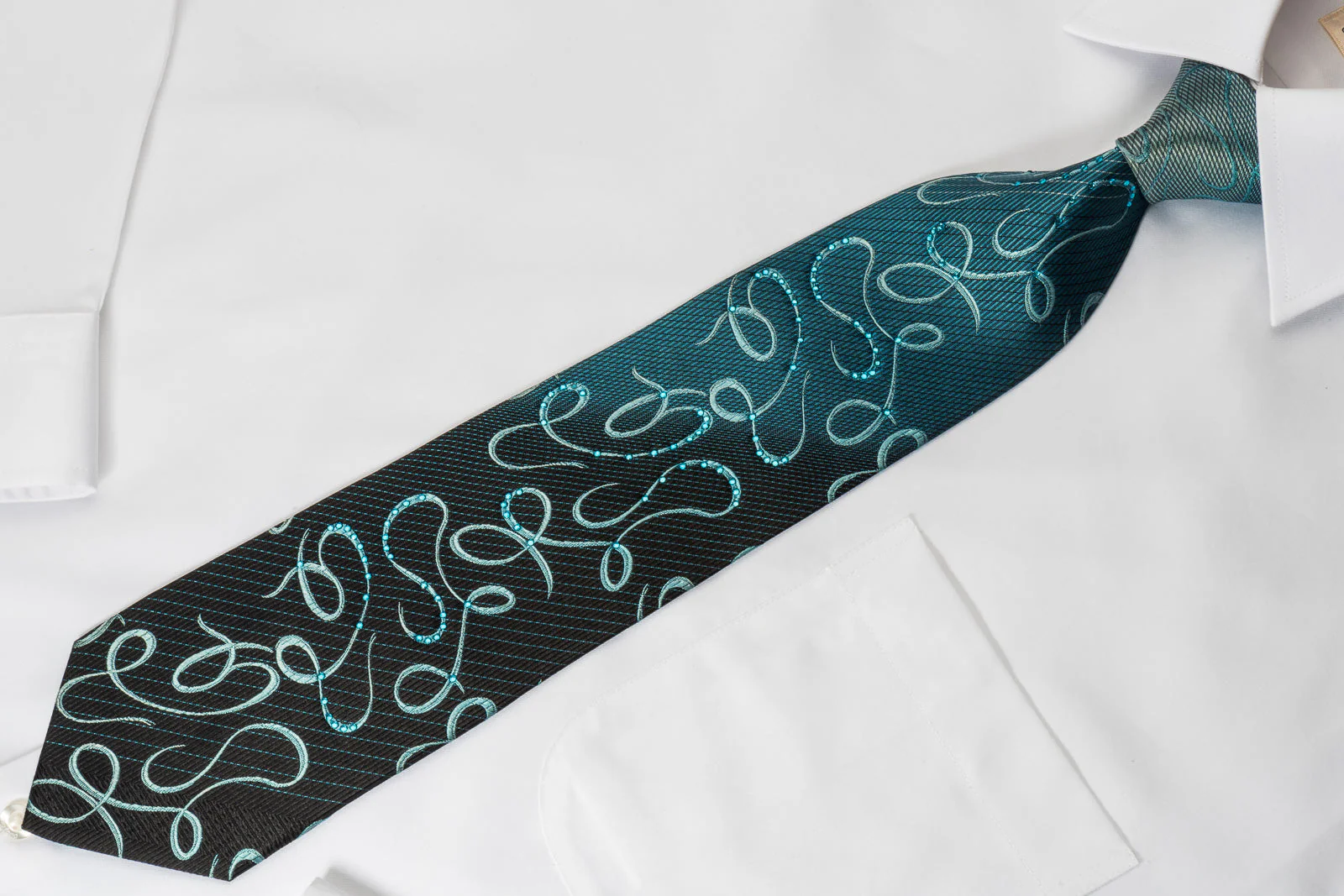 Taiyo Gold Silk Rhinestone Necktie Scrolls On Blue - Image 4